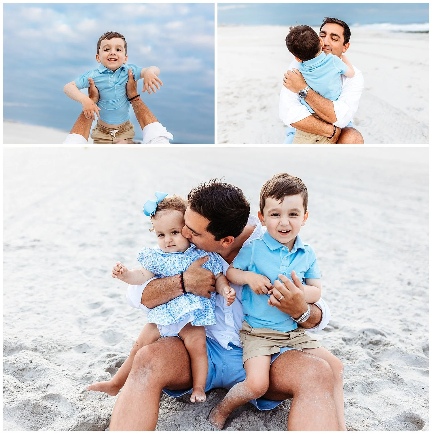 dad with toddler boy and baby girl in blue and white grey cloudy skies on background hugging boy holding boy in air
