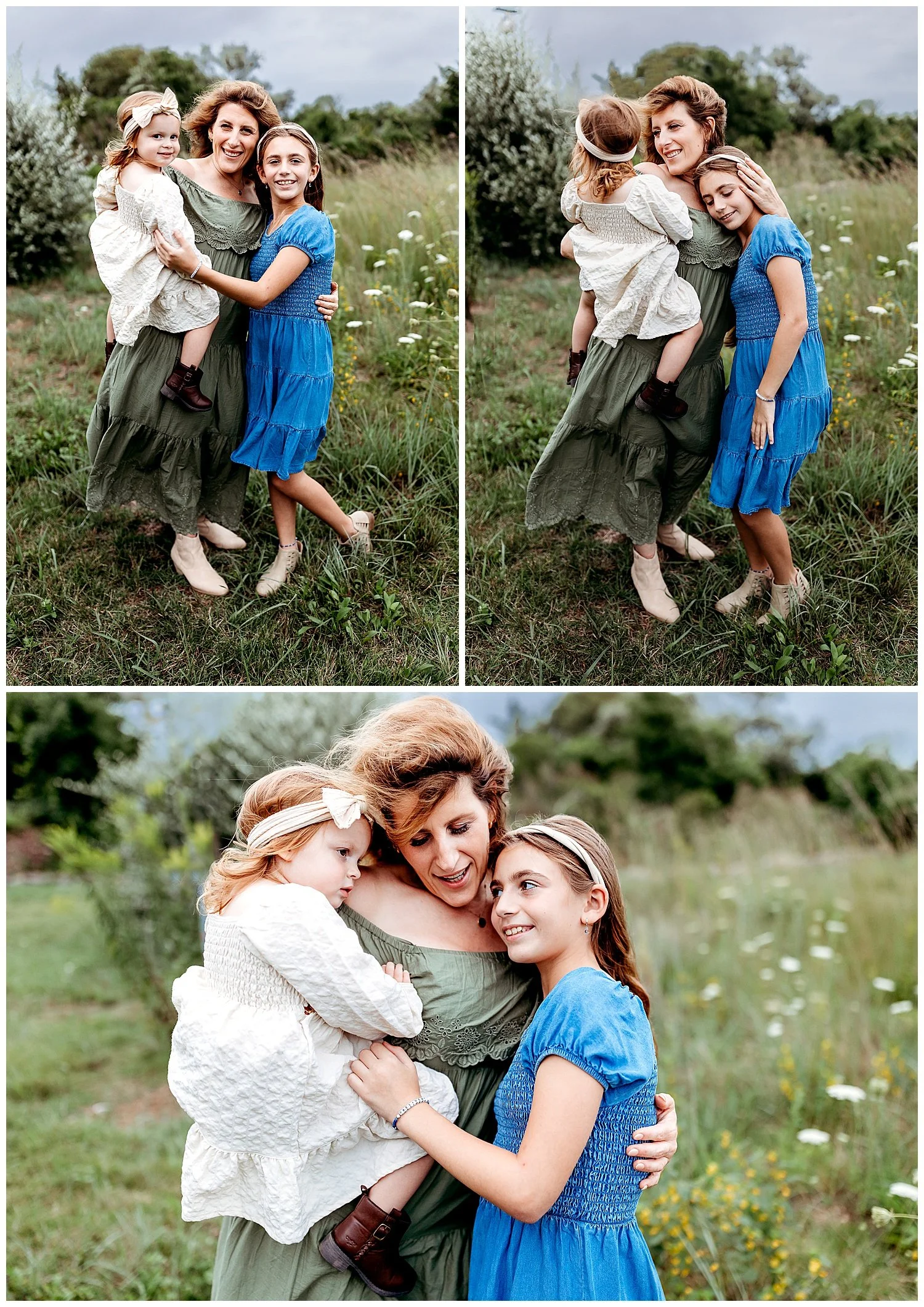 mother in olive dress in wildflower field embracing her daughters