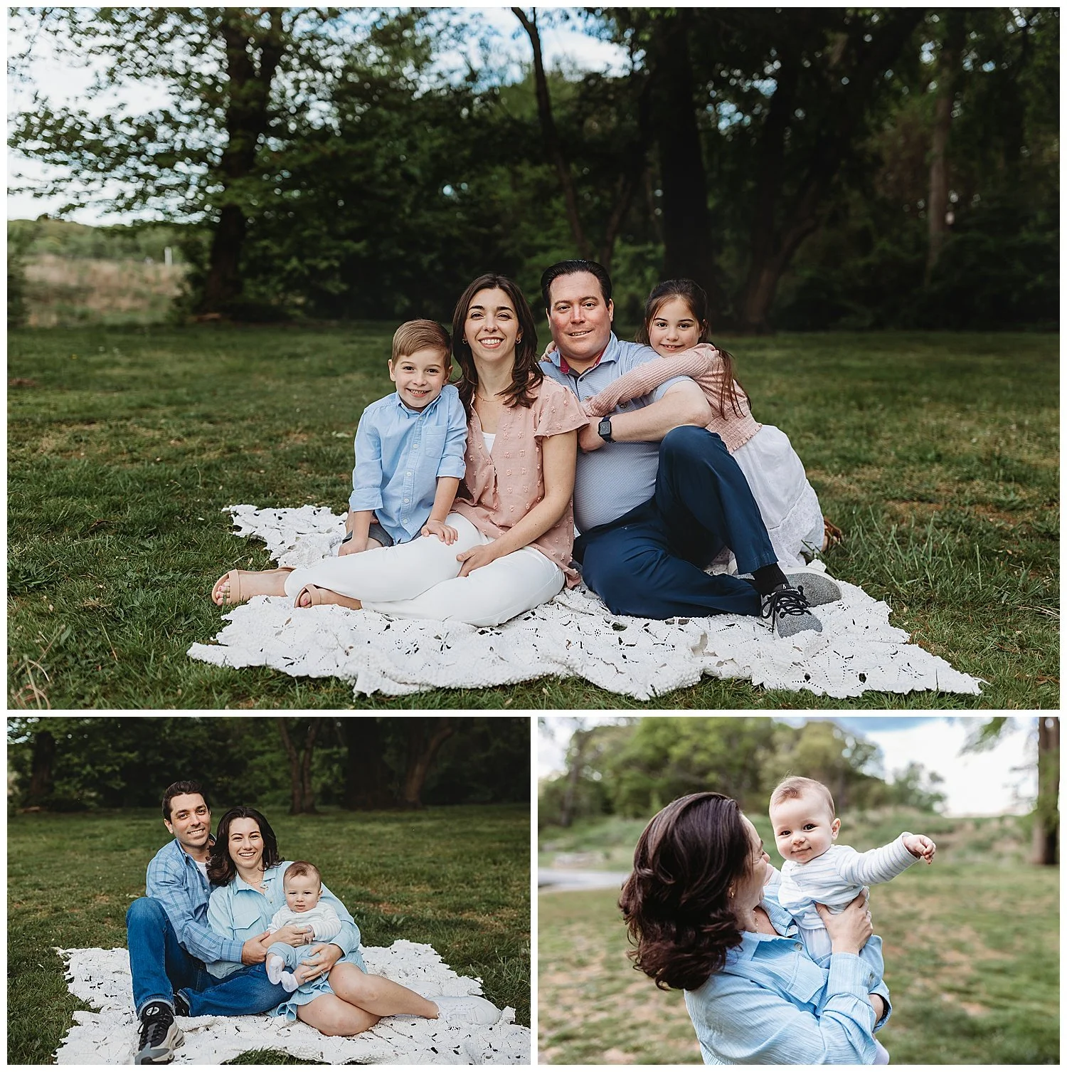 family seated on vintage white crochet afghan embraced and baby hopldong hand out and smiling while mom holds him