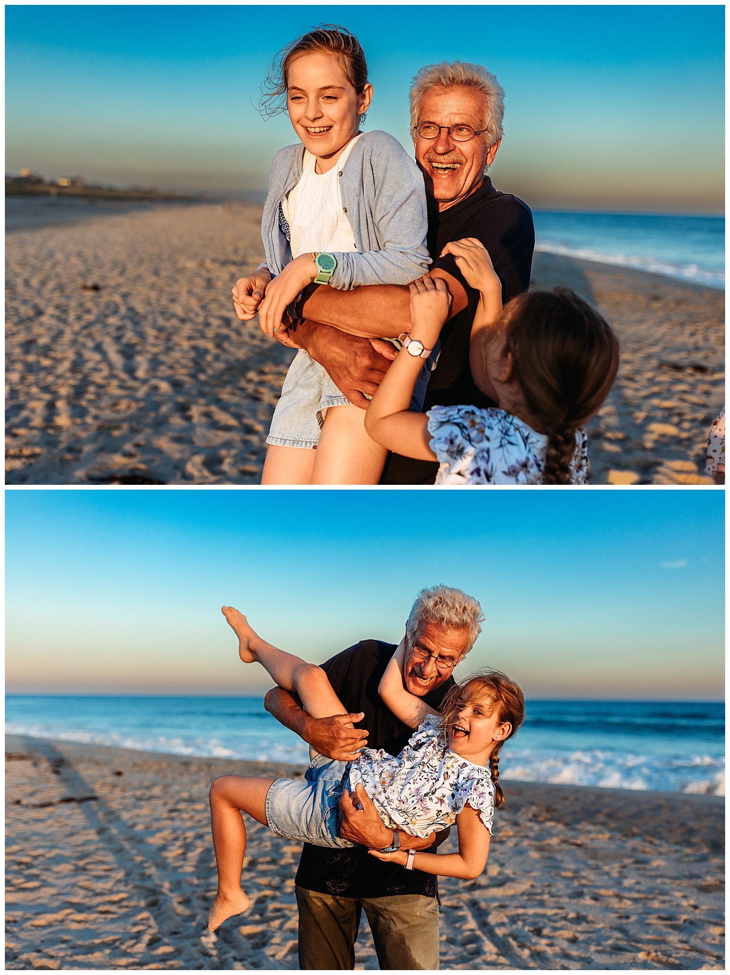 grandpa lifting granddaughter in the air and laughing at sunset on a beach in north eastern florida