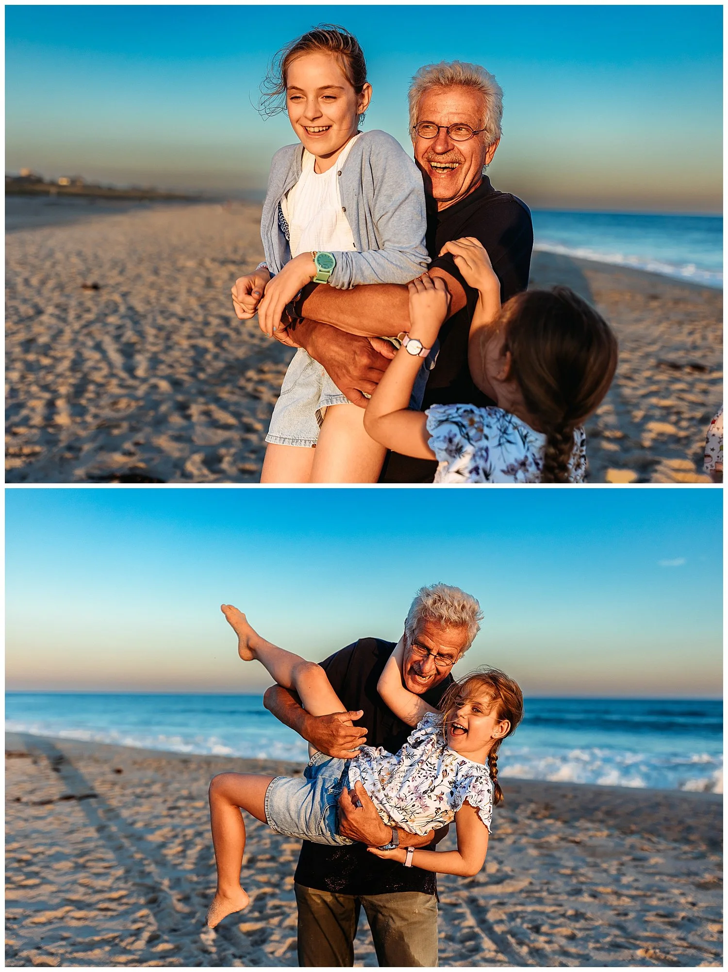 grandpa lifting granddaughter in the air and laughing at sunset on a beach in north eastern florida