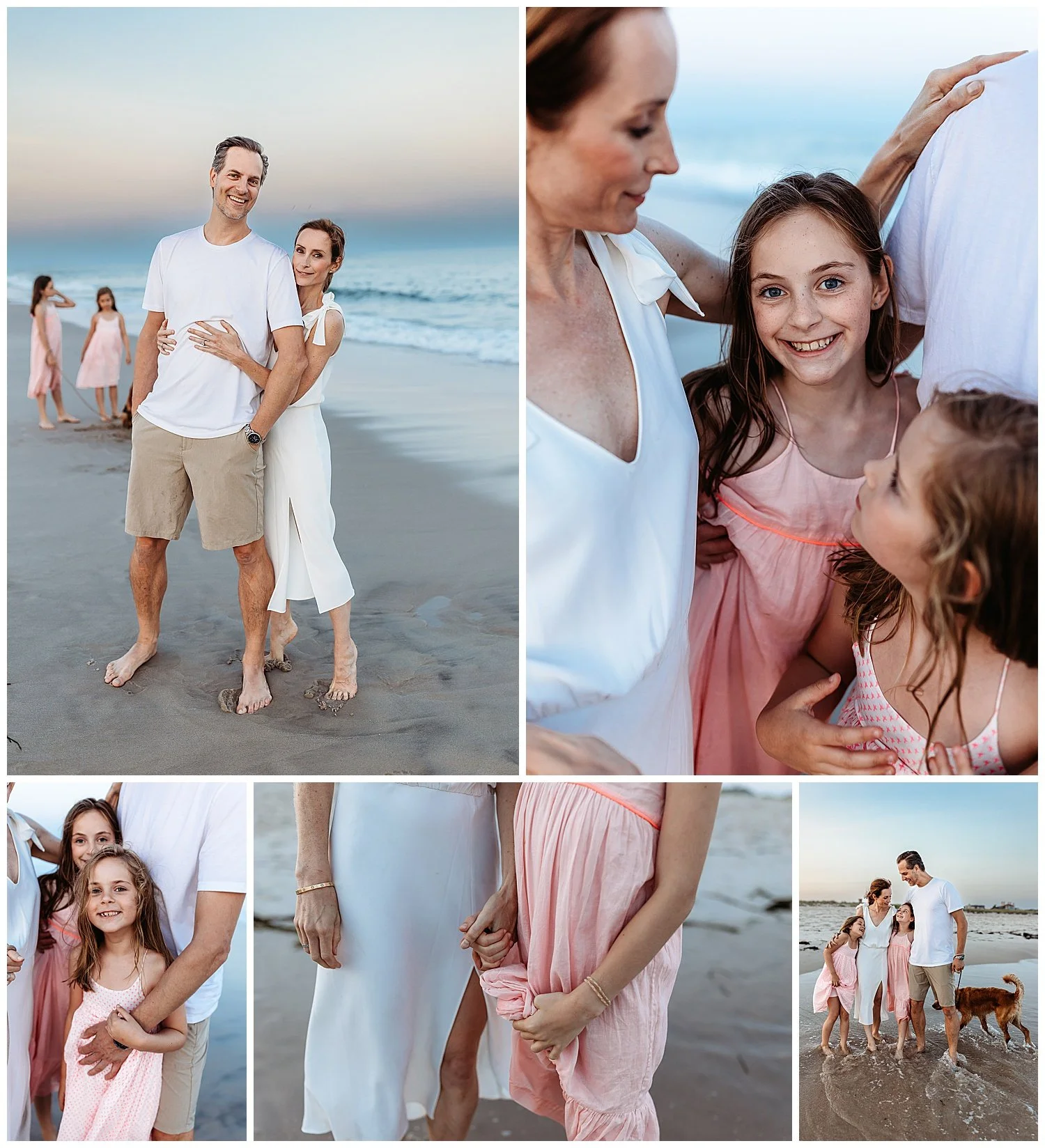 husband and wife on the beach with pink and blue sky behind them