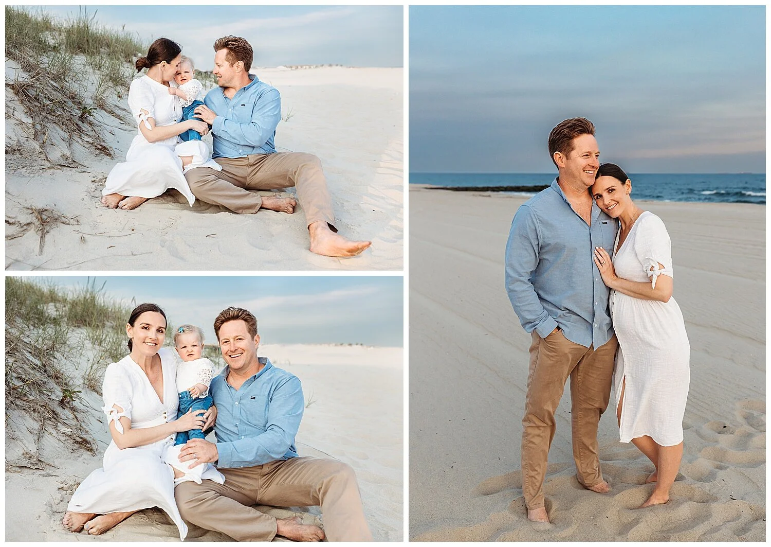 husband dressed in blue looking out at ocean while wife in white leans on him and smiles toward camera