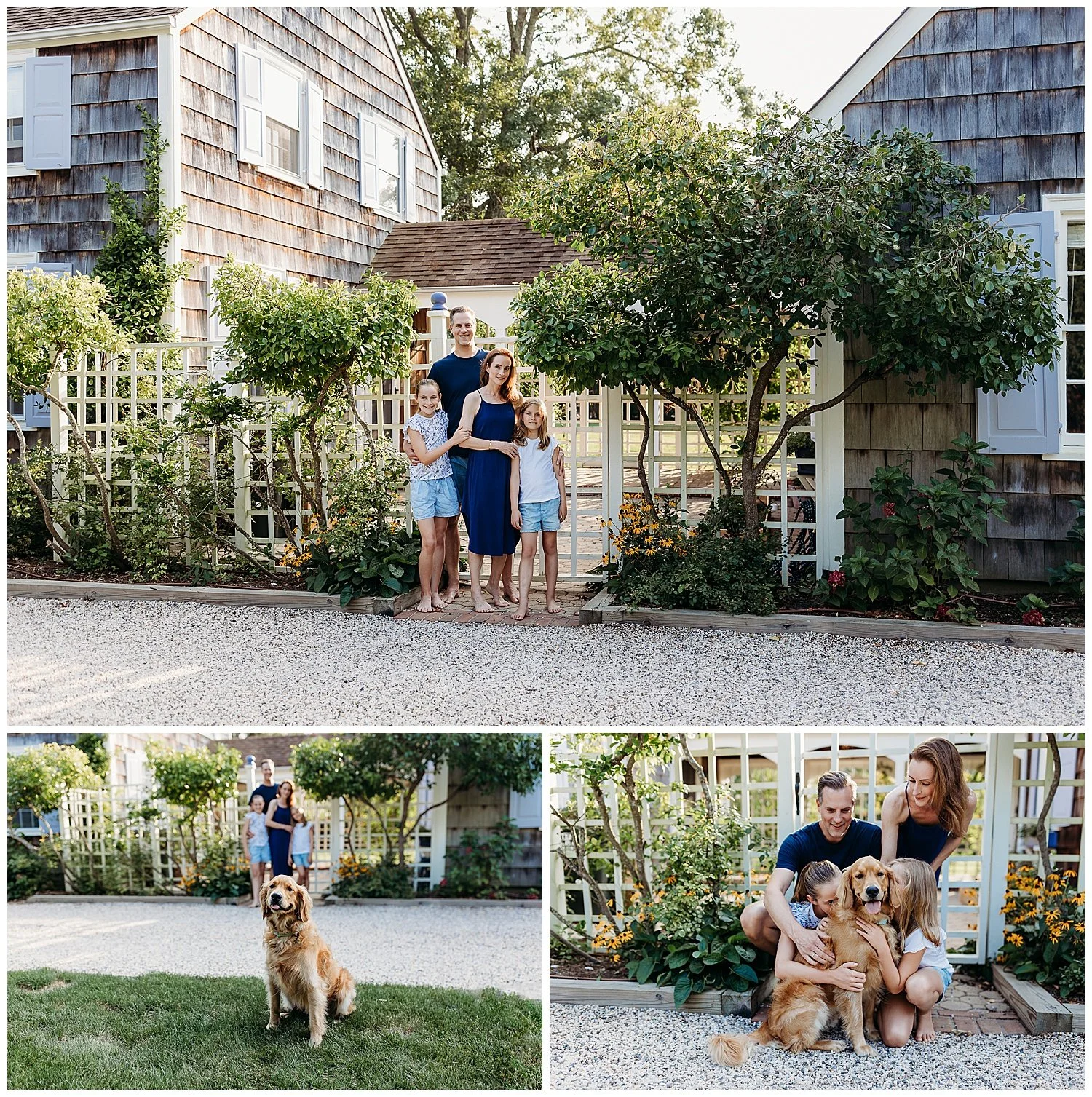 family in front of pergola in yard in navy blue and bleu outfits
