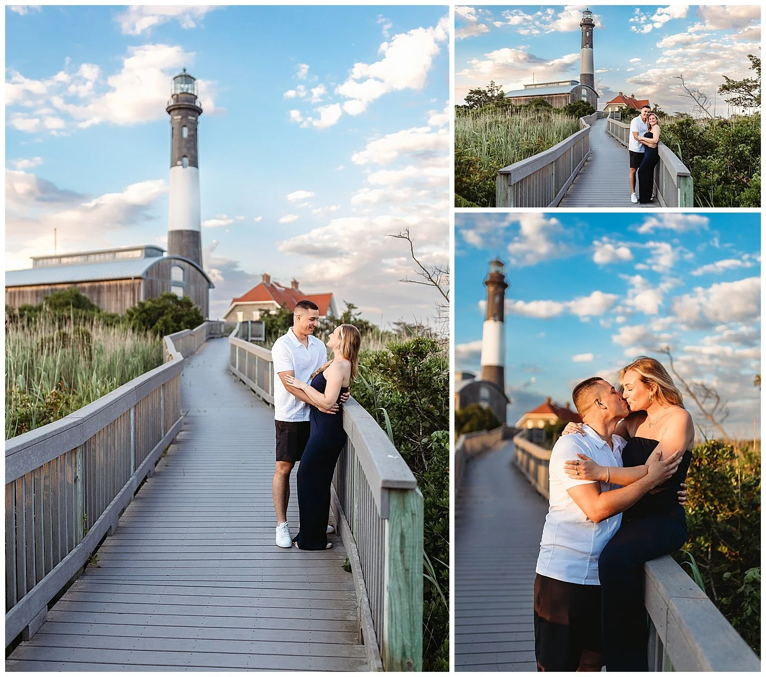 couple walking along a path at at the lighthouse in st augustine behind them bright blue sky couple embraced