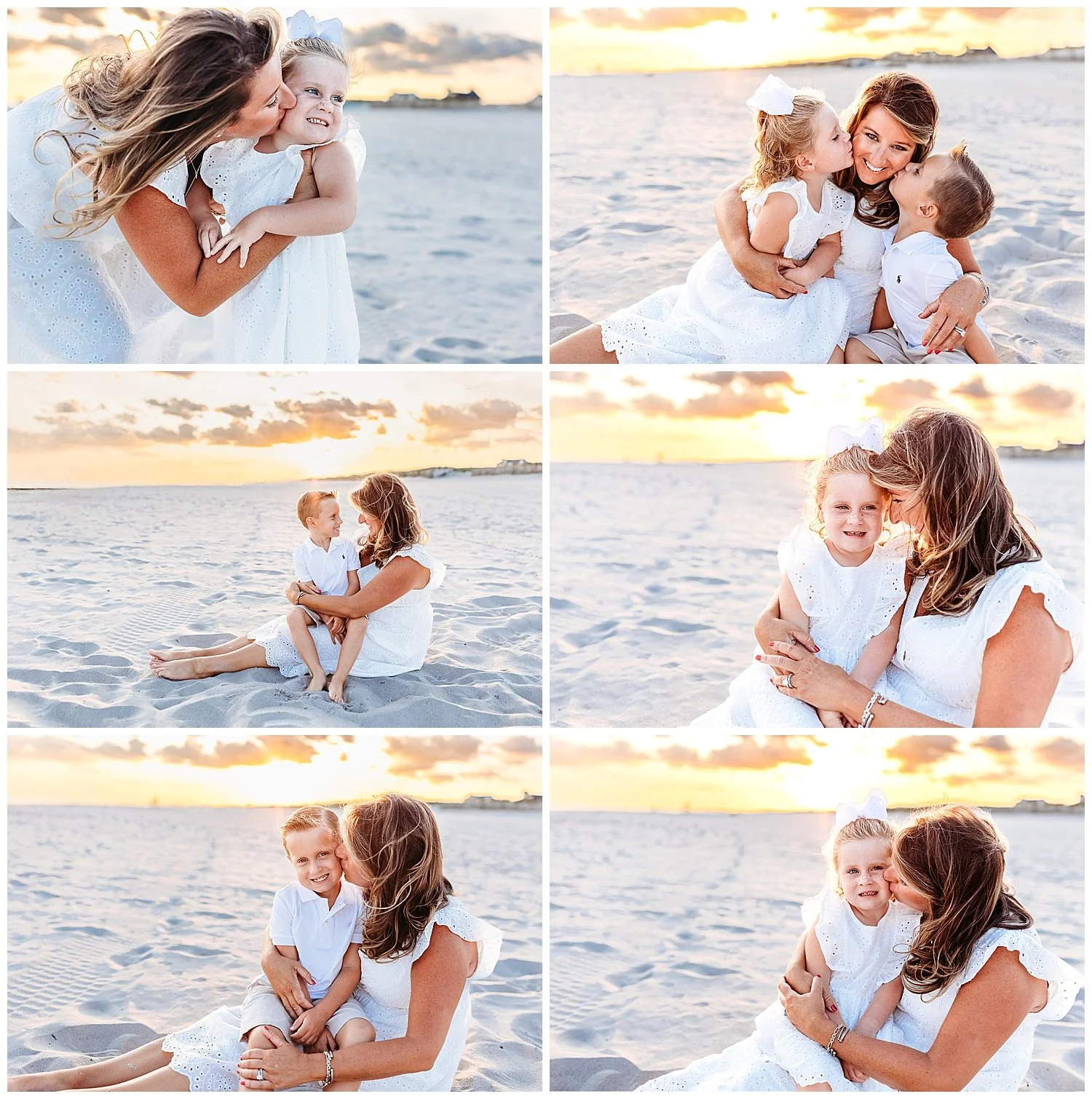 mother dressed in white with her two children and she is kissing them and hugging them seated on sand golden sunset behind her