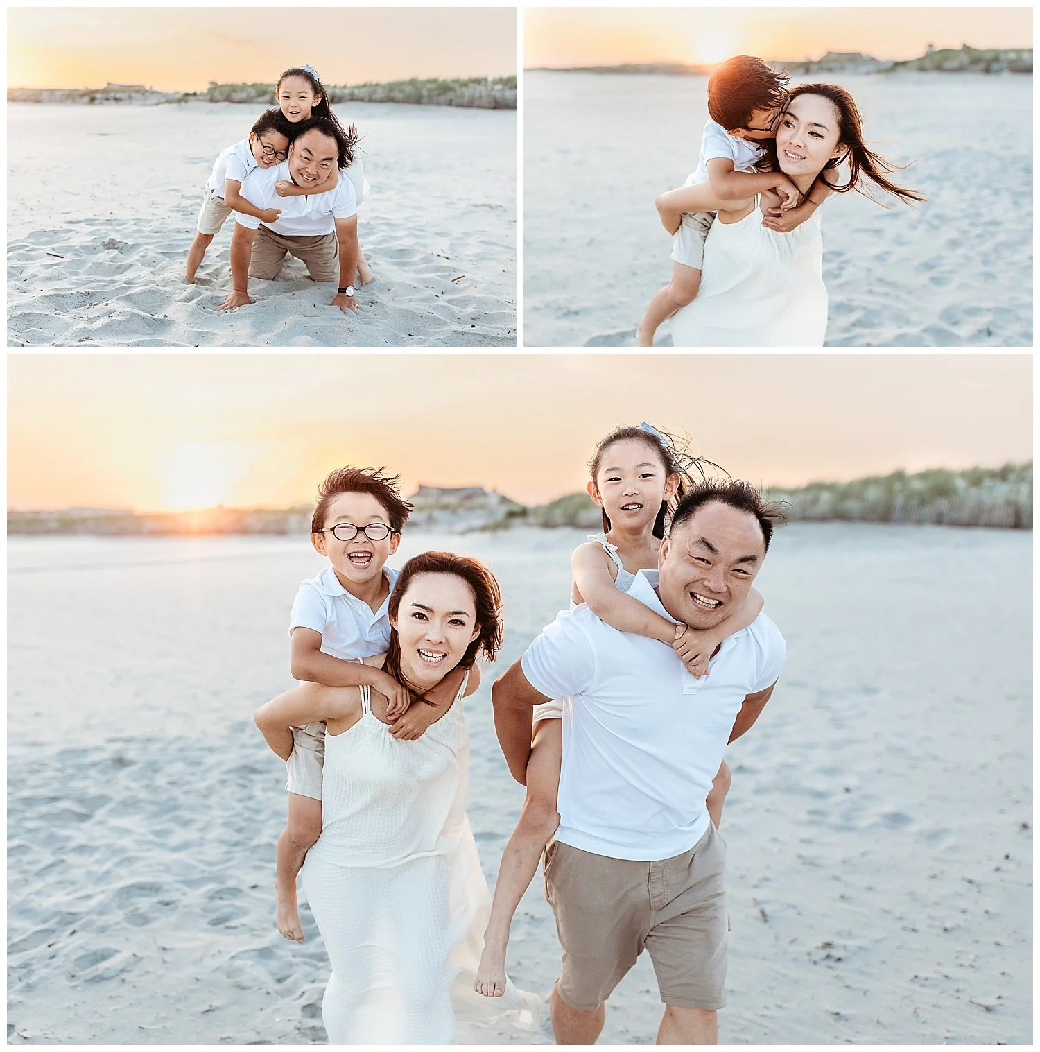 parents playing on the beach with their children at sunset jumping on back