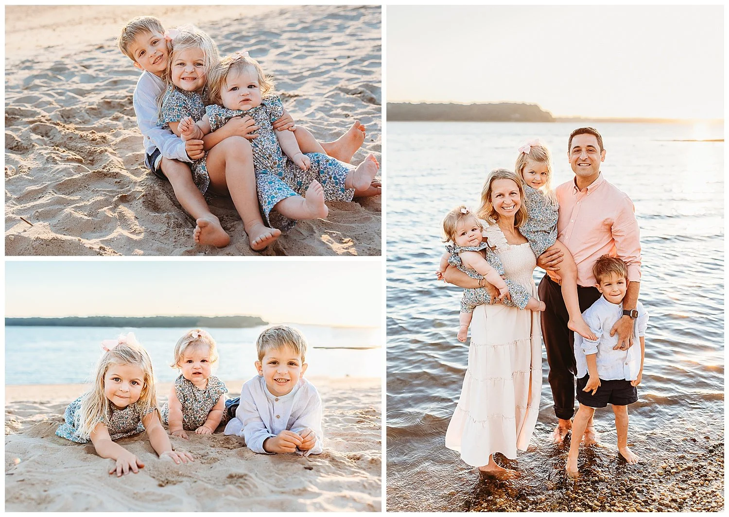 family in pink and blue on the north shore of long island's beach