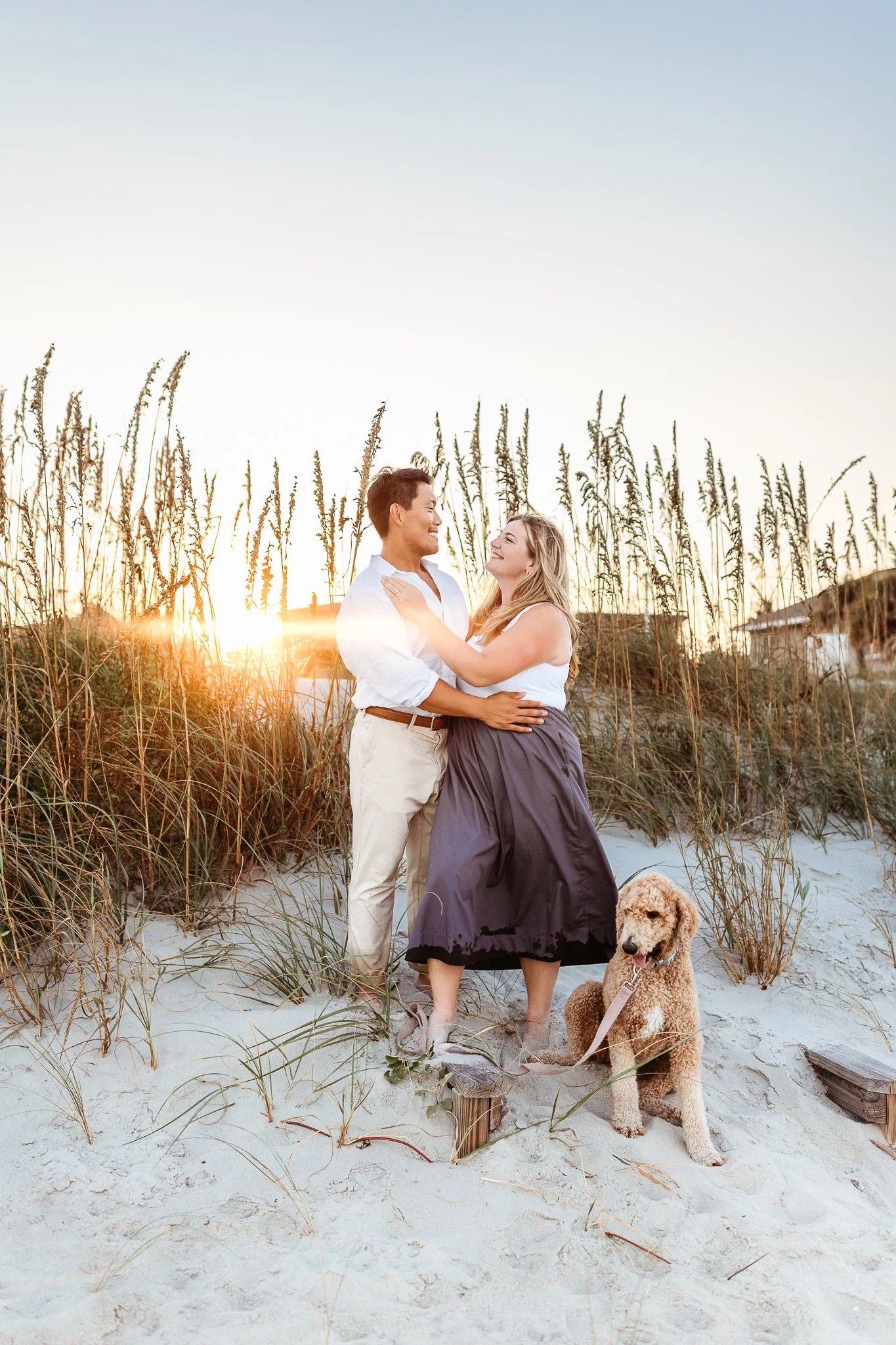 couple on a dune at sunset after getting engaged and they are with their dog