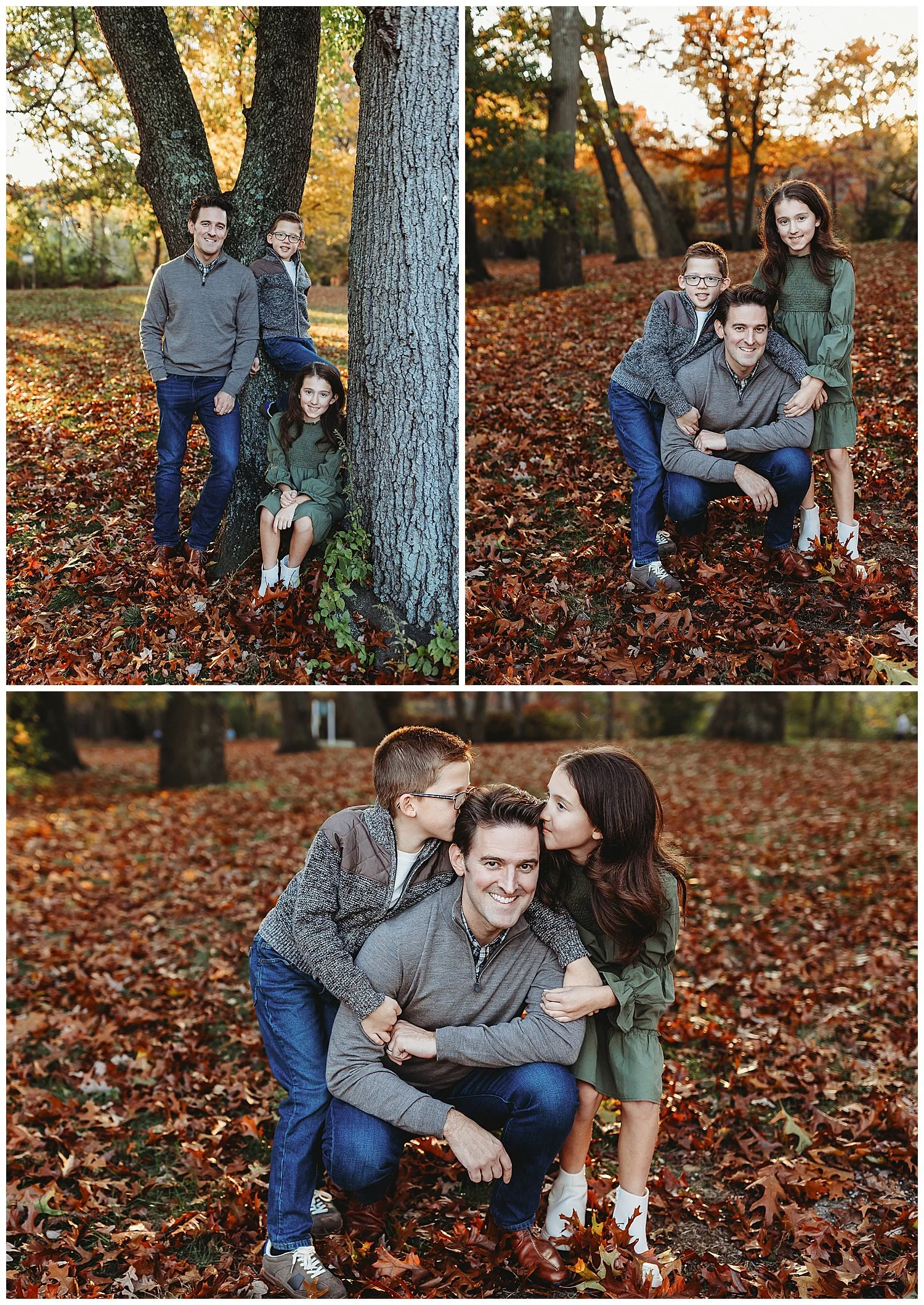 dad kneeling in leaves with son and daughter who are kissing him