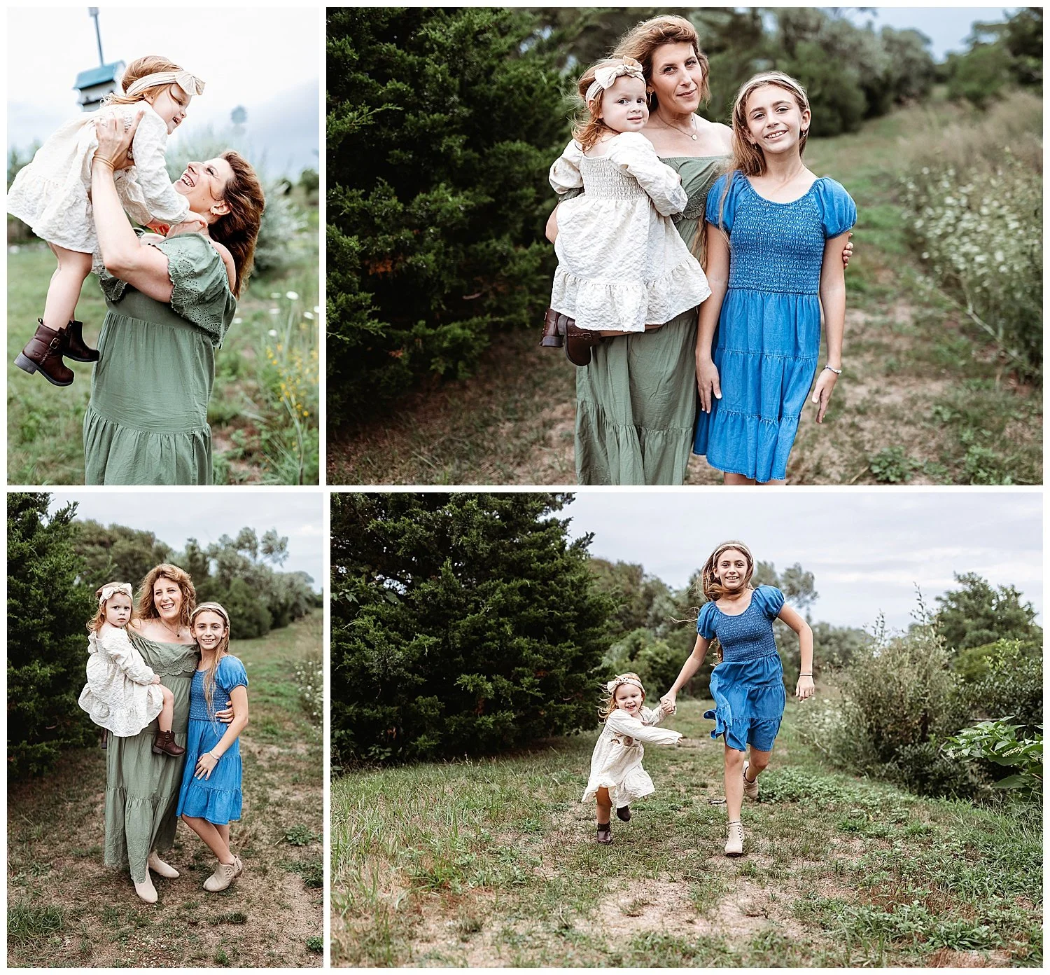 mother on a grass path with wildflowers with daughters in boho crochet dress