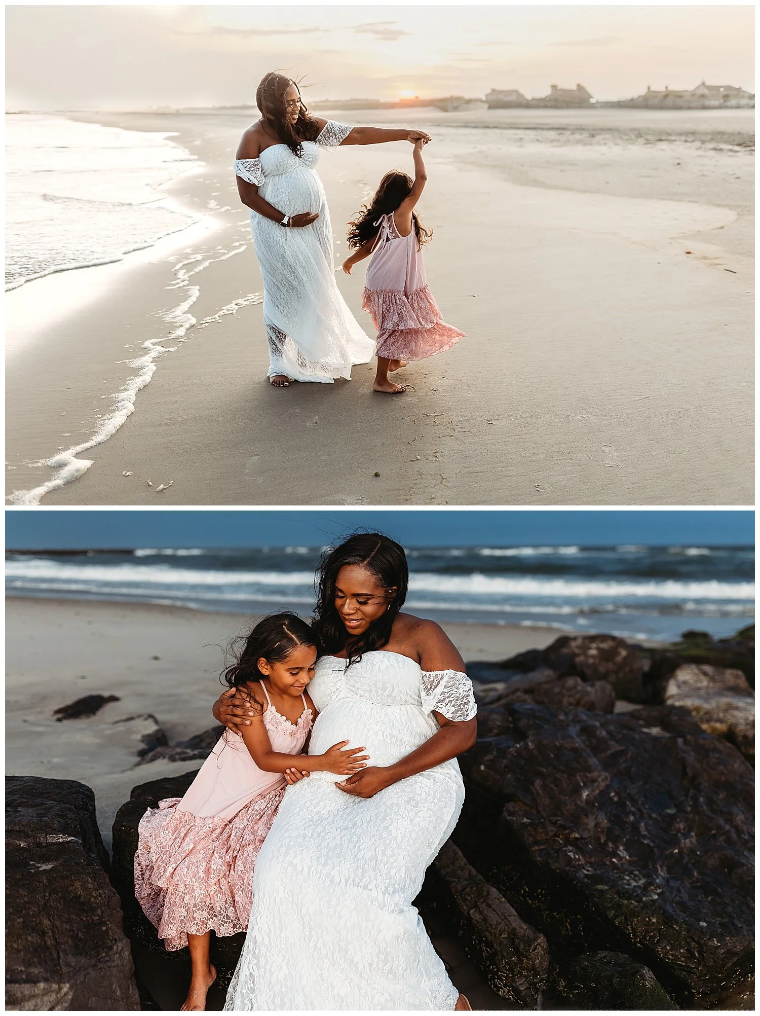 mother twirling daughter on the beach at sunset