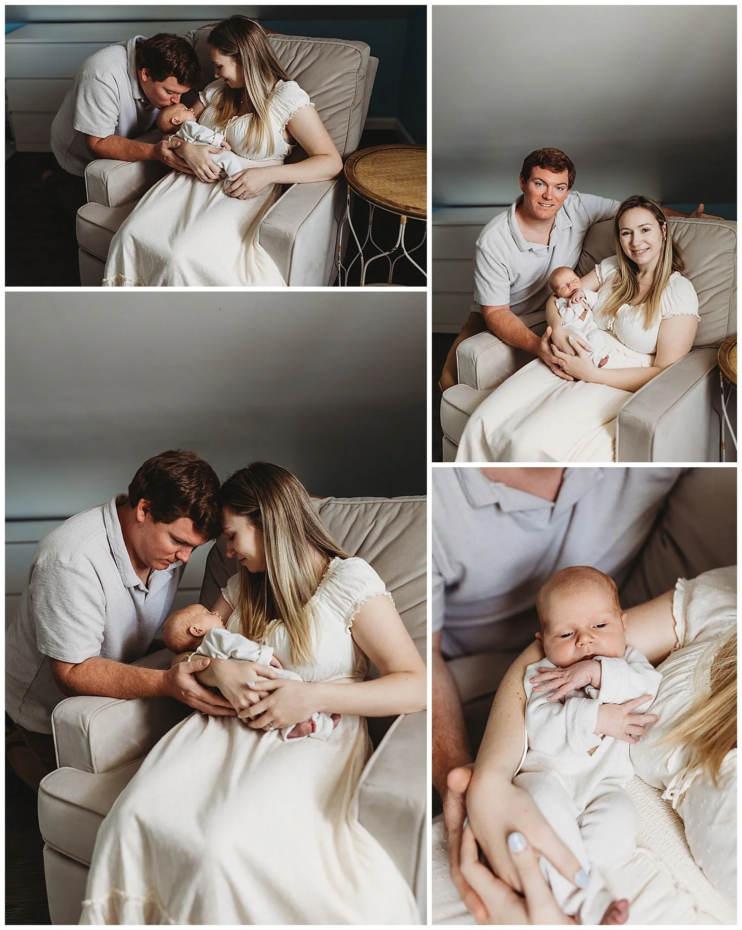 family in nursery in glider baby in felt ivory wool jumpsuit dad kissing baby