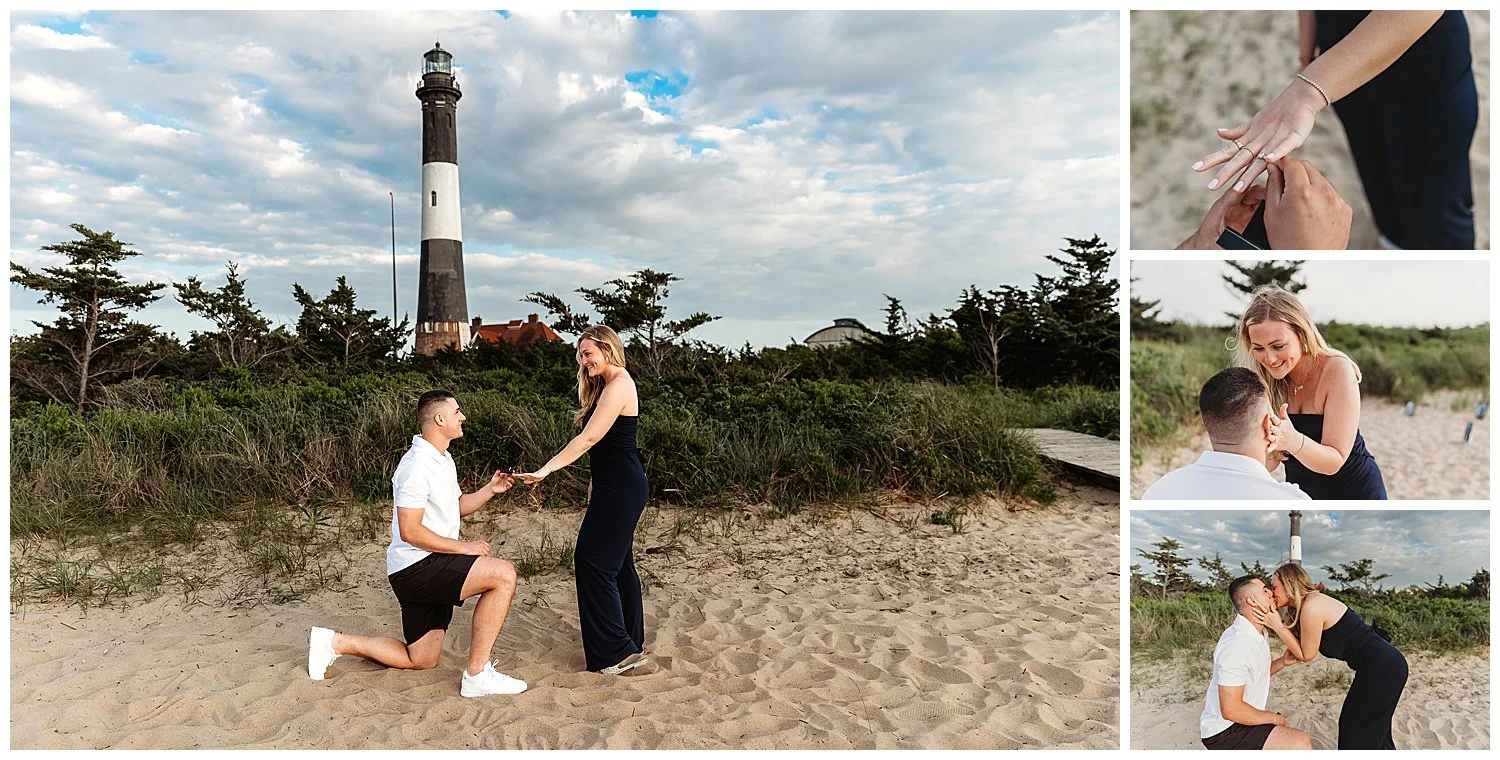 man on knee proposing to girlfriend with robert moses lighthouse in bacjground