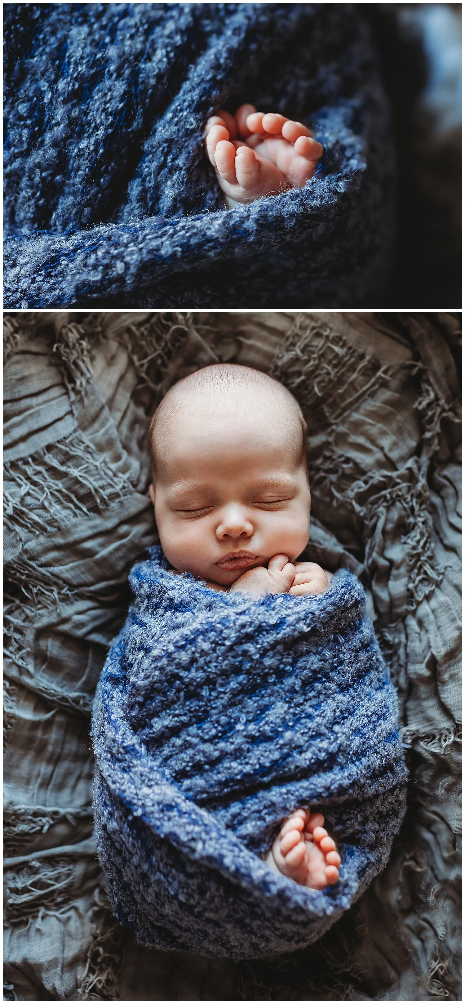close up of baby's feet in a textured blue swaddle blanket of newborn photo session in a home in florida