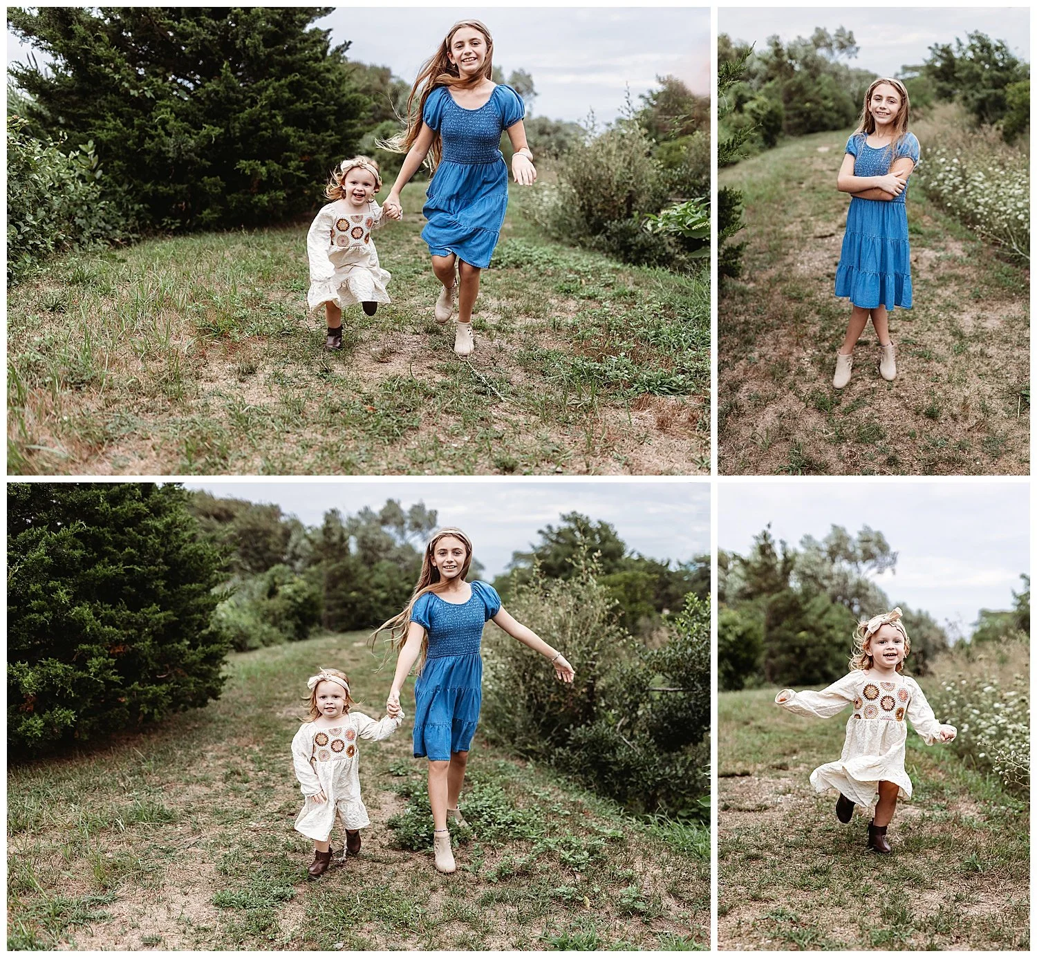 toddler and big sister running down a grassy path in boho crochet outfit and headband
