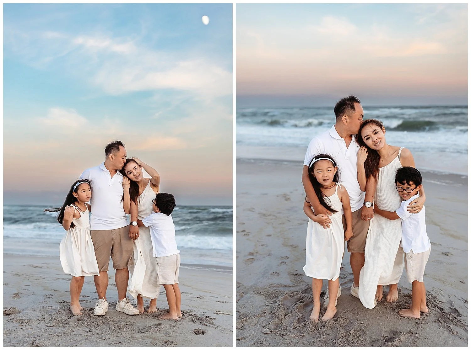 family embraced in front of the ocean with pink and blue sky and moon in sky
