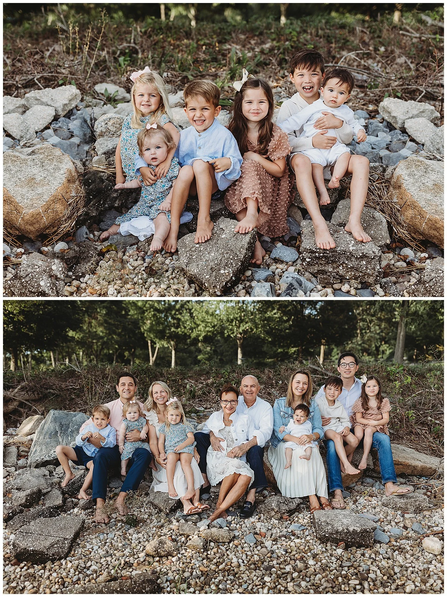 extended family seated on rocks at the beach family portrait