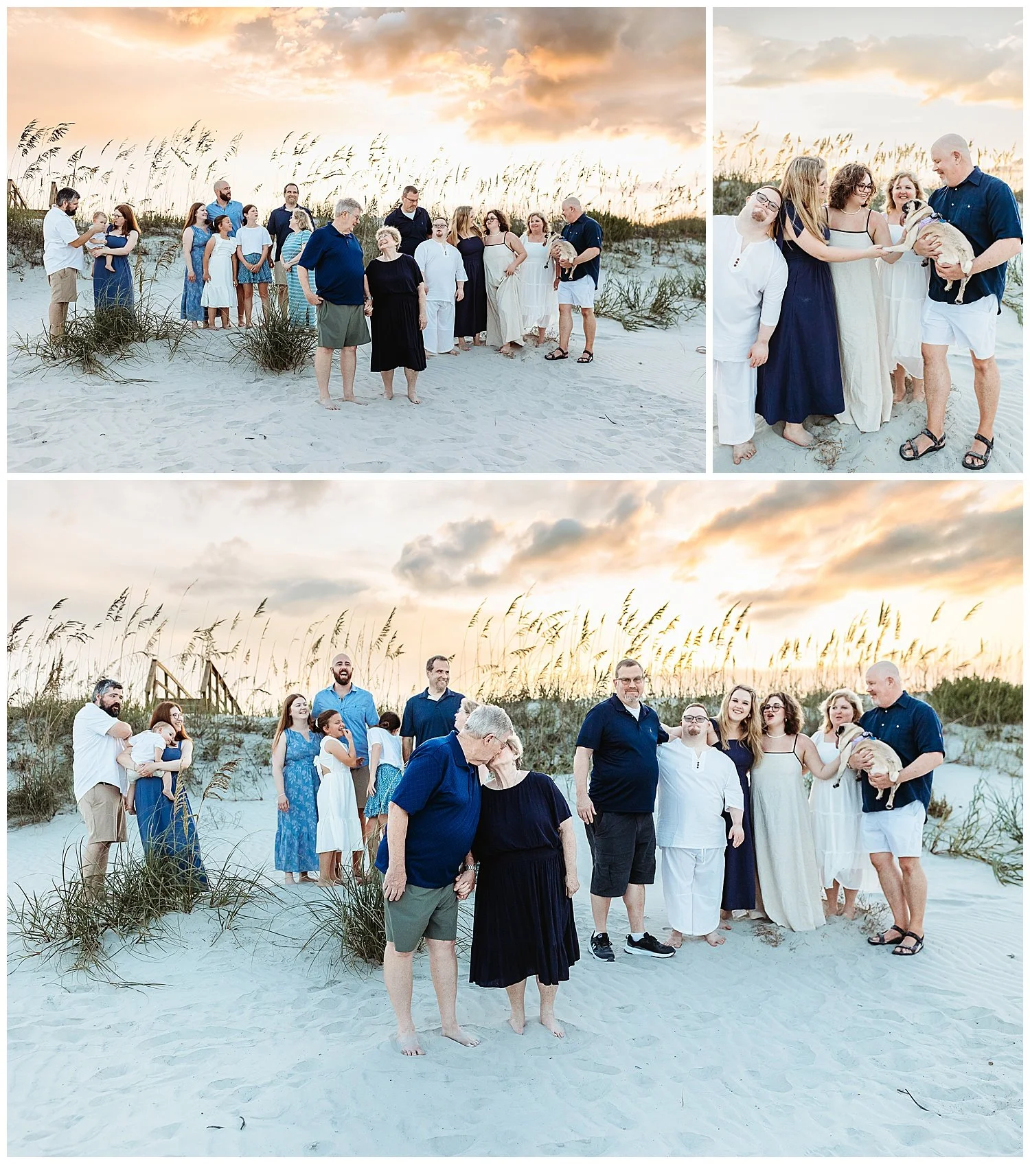 great grandparents kissing on the beach at sunset while the whole family stands in the dune behind them with a dramatic sunset sky and laughs