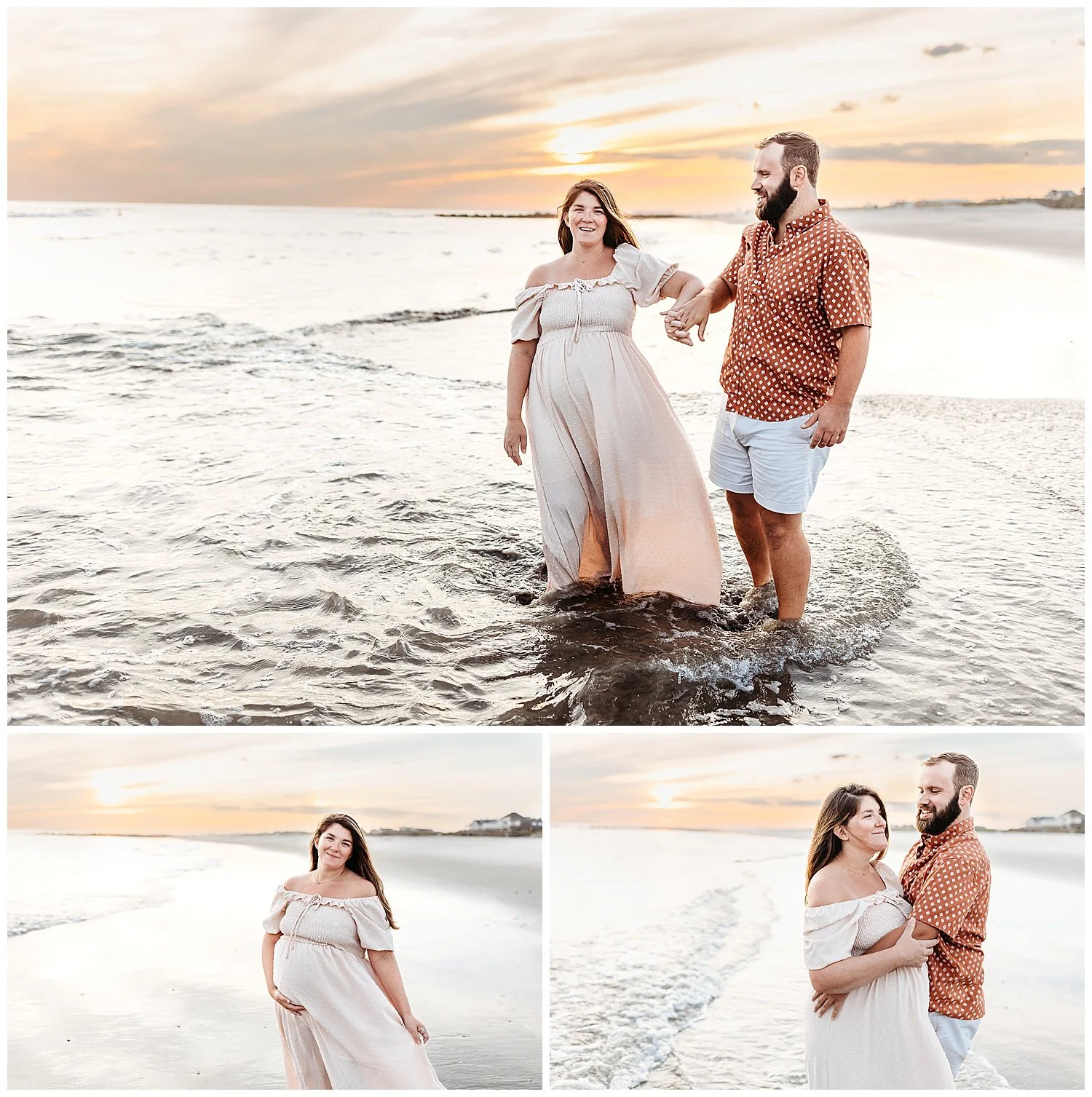 pregnant woman dancing with her partent in the ocean and laughing sunset behind them