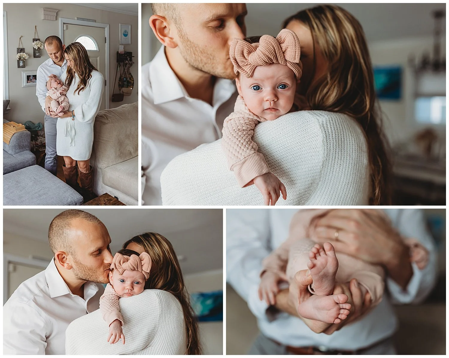 mom holding newborn girl over shoulder dad kissing baby big pink bow on baby looking at camera in tan living room