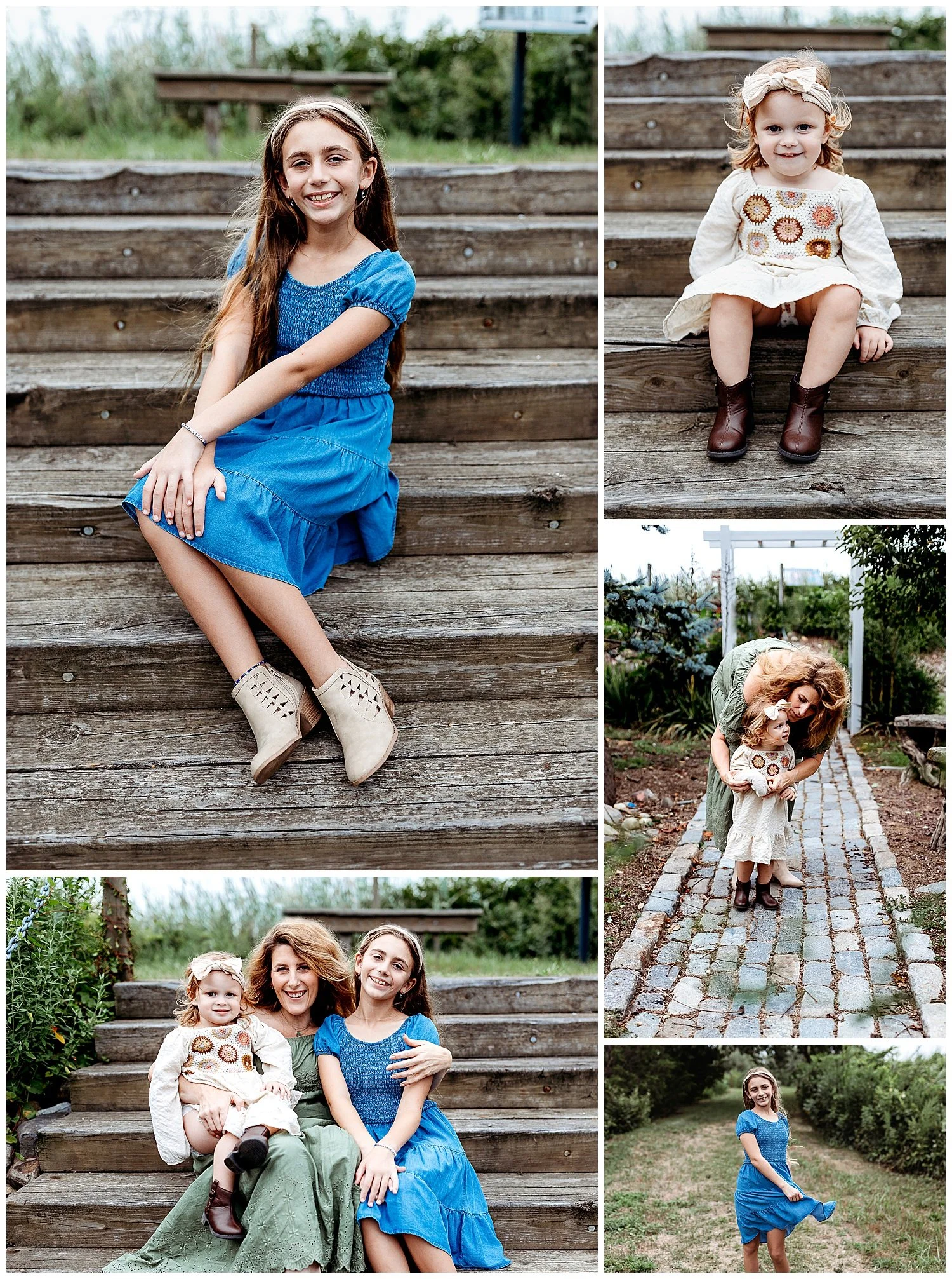 little girl in denim dress seated n wood steps