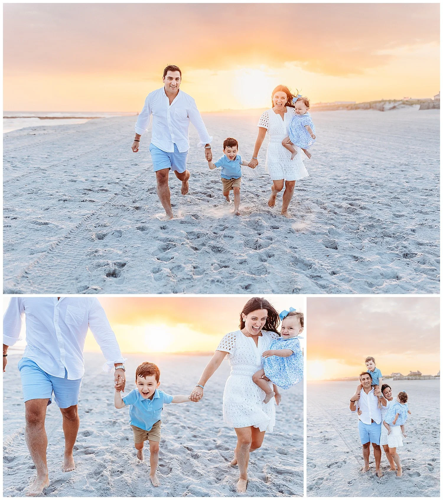 family holding hands running on the beach with sunset behind them white and blue outfits
