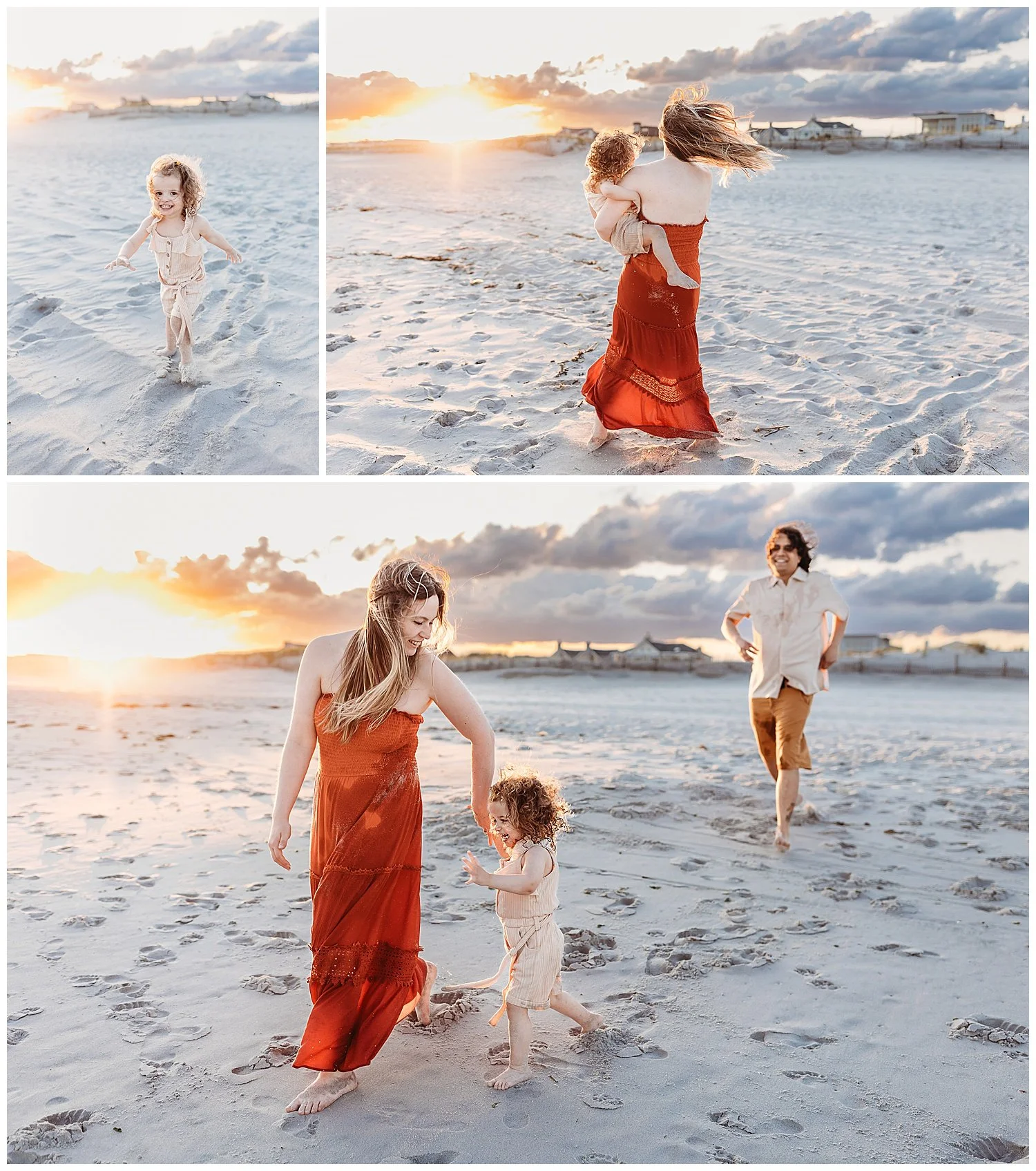 family running along the beach at sunset with sun glowing orange behind them mom twirling baby