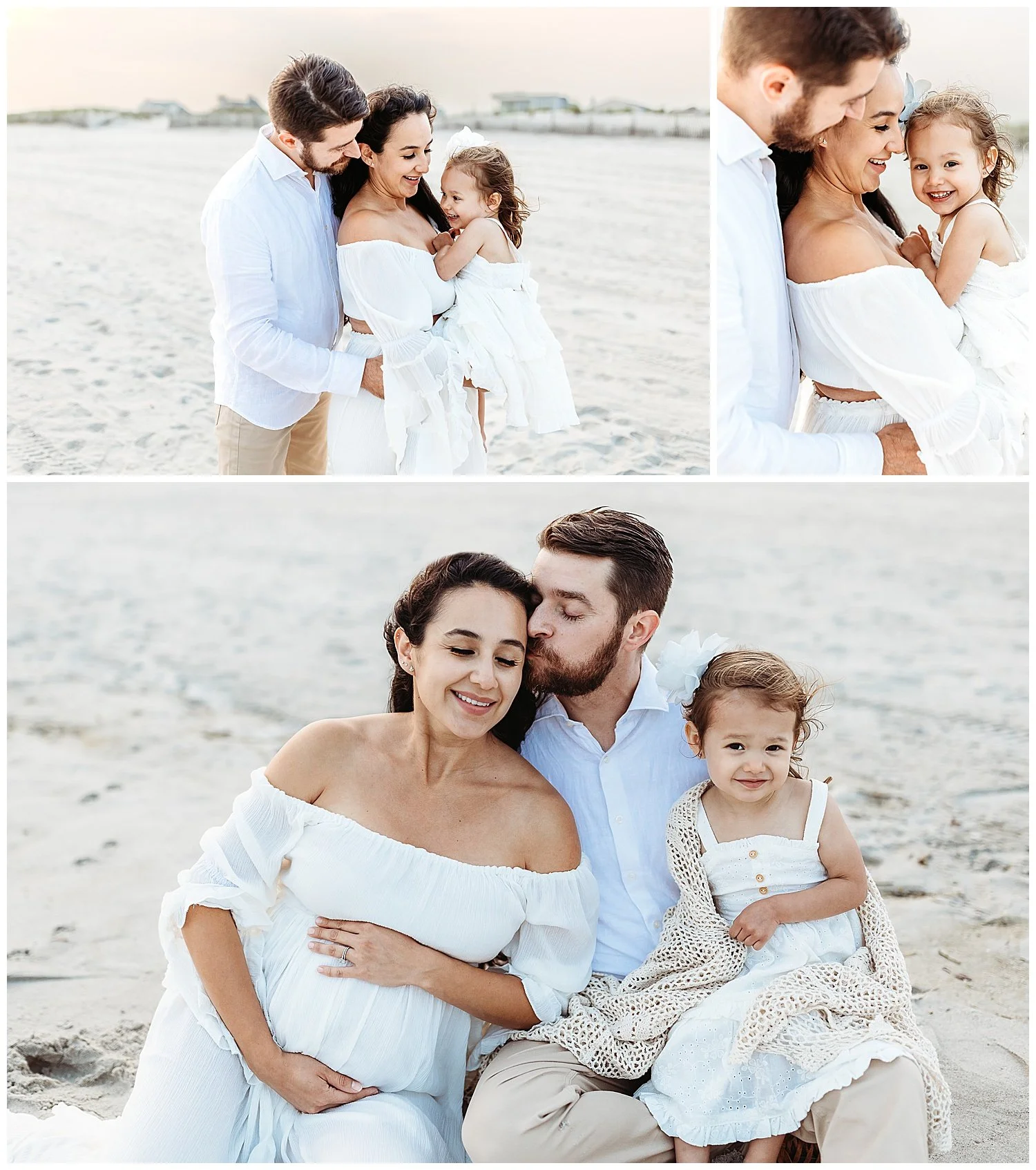 family seated on beach sand crochet blanket mom pregnant