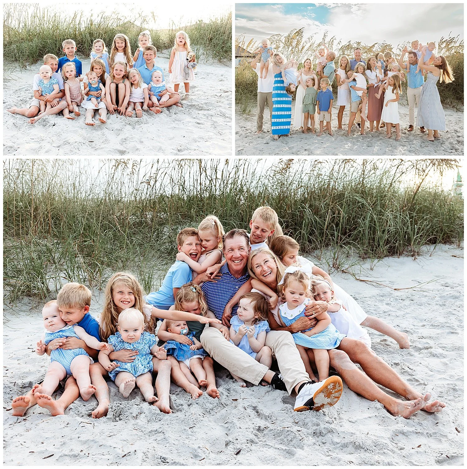 Grandparents surrounded by their grandchildren during a family beach session in Ponte Vedra