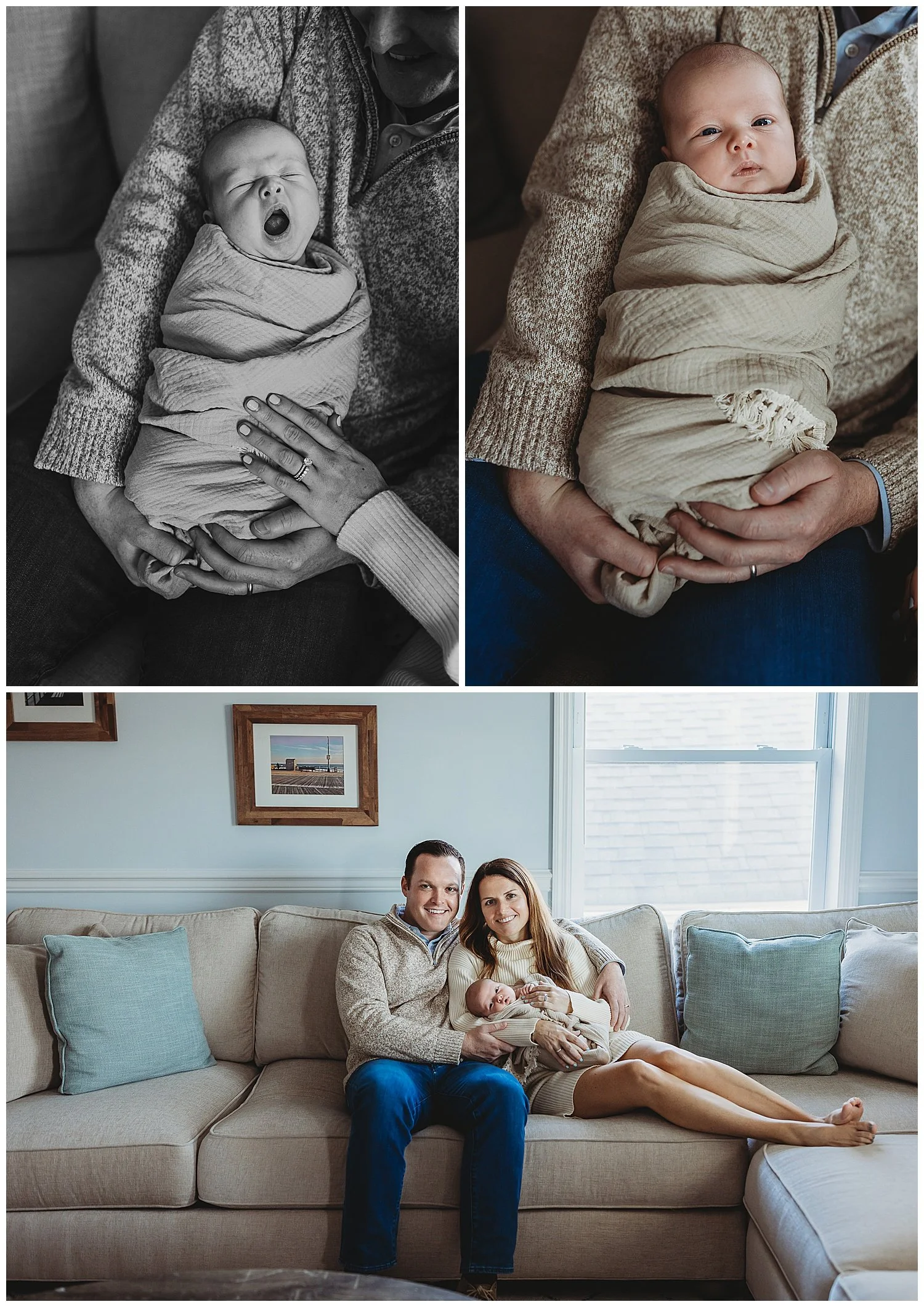 close up of baby in dad's arms looking at camera in tan and ruffle crochet  hem muslin blanket