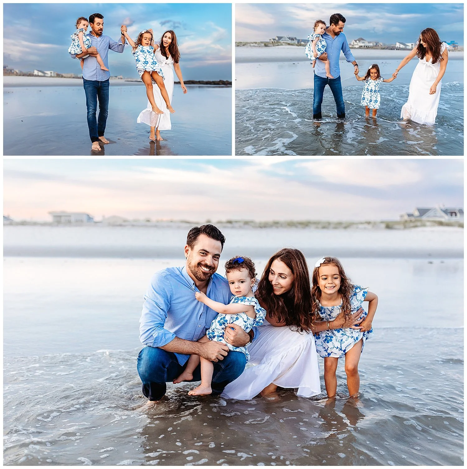 family kneeling down in ocean shore embraced and laughing swinging toddle rgirl bright blue and pink sky behind them