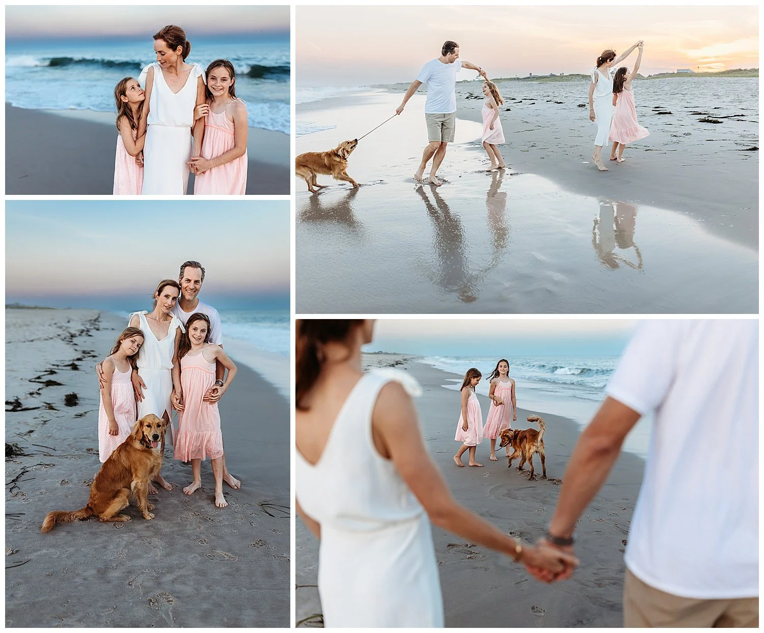 parents twirling girls on the beach and their reflection is in the ocean