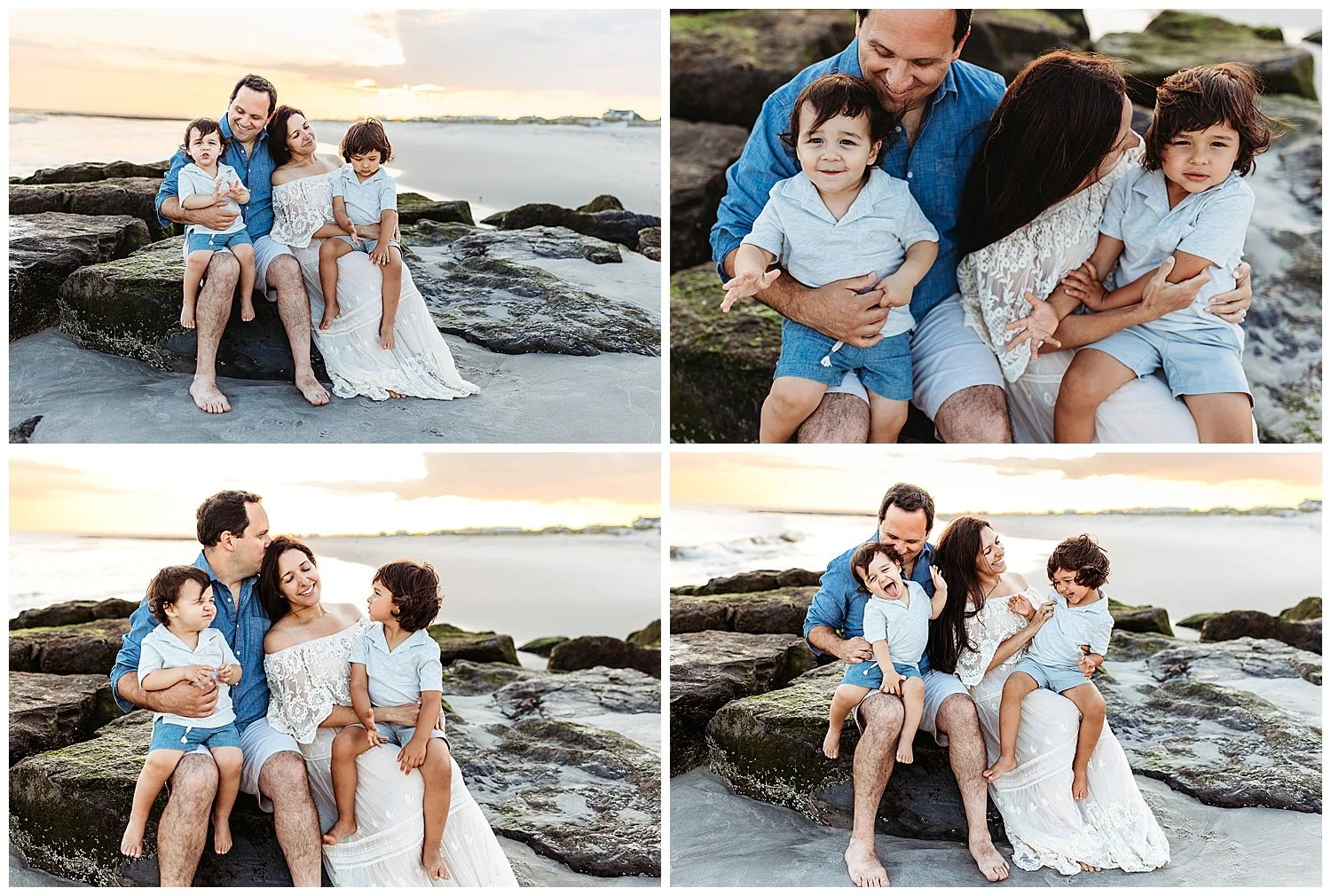 family seated on jetty sunset beach kissing boys laughing pregnant mom
