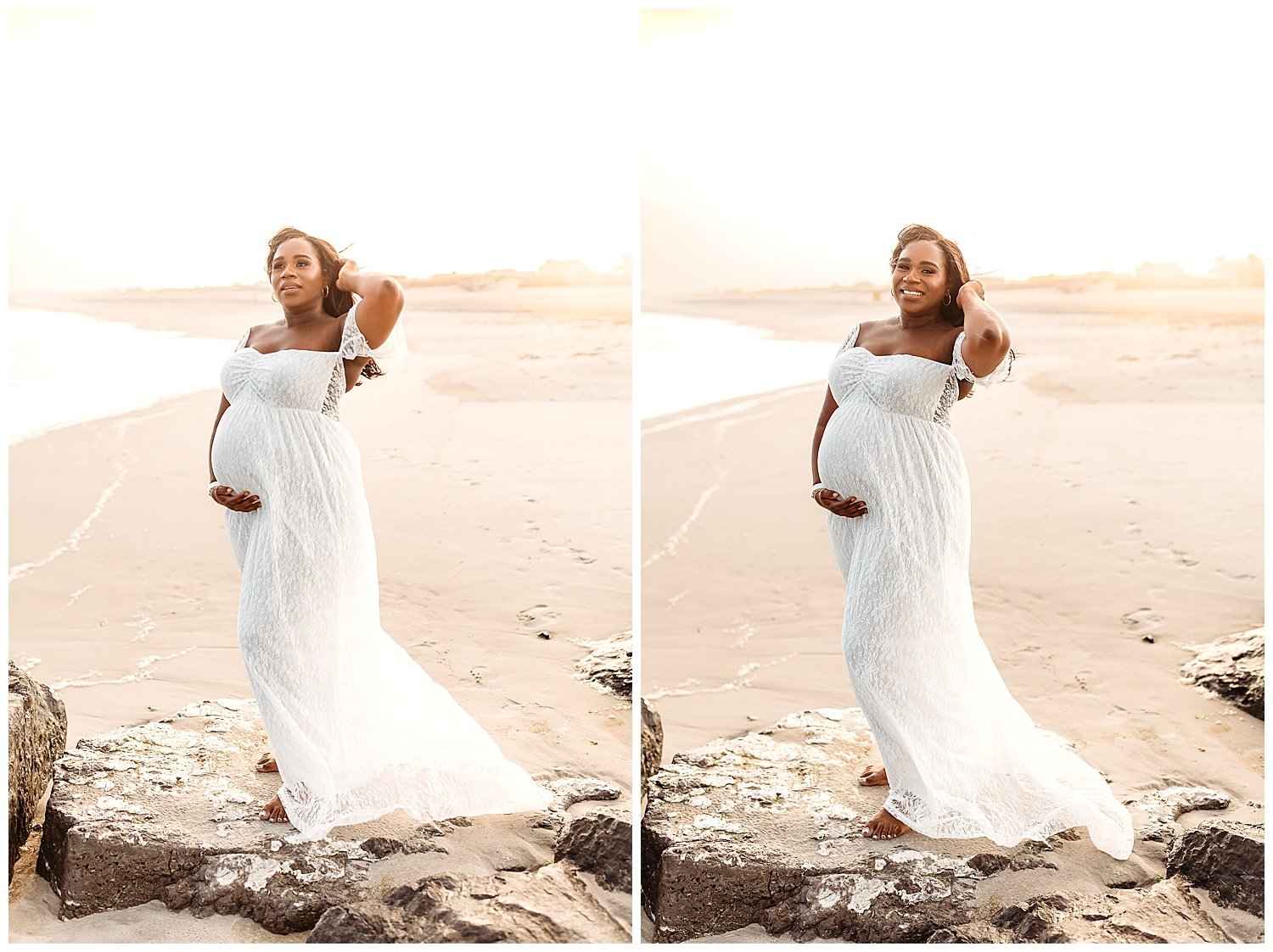 pregannat woman on the jetty with hazy golden sun behind her lace maternity gown white lace