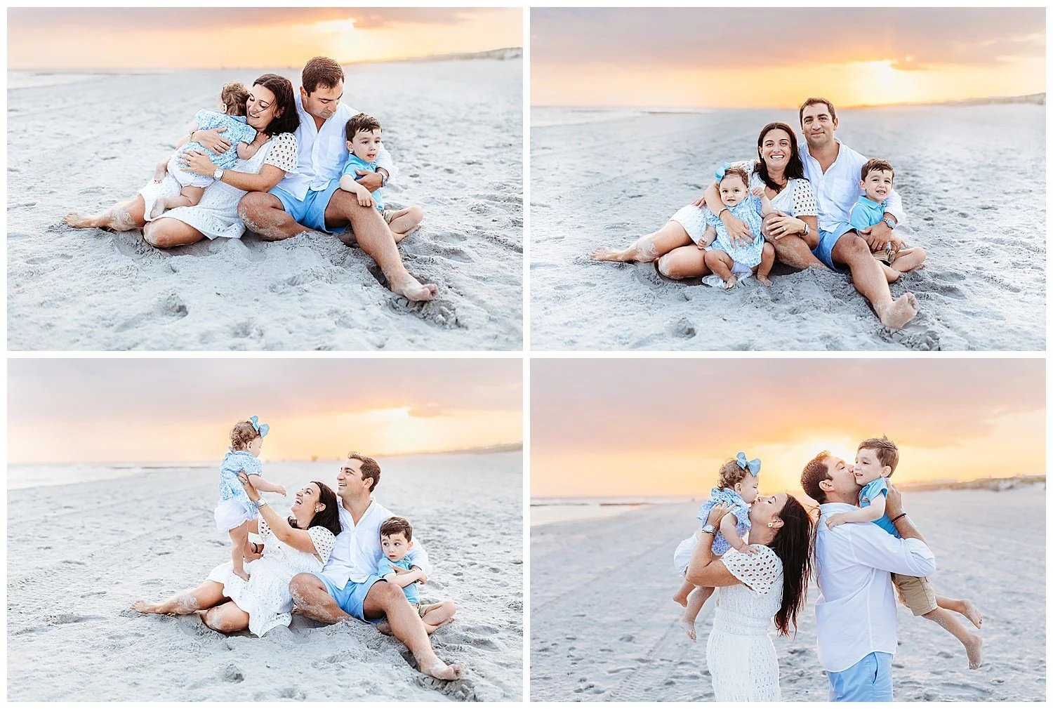 family seated on the sand at sunset embraced pink purple and orange soft sunset sky baby laughing