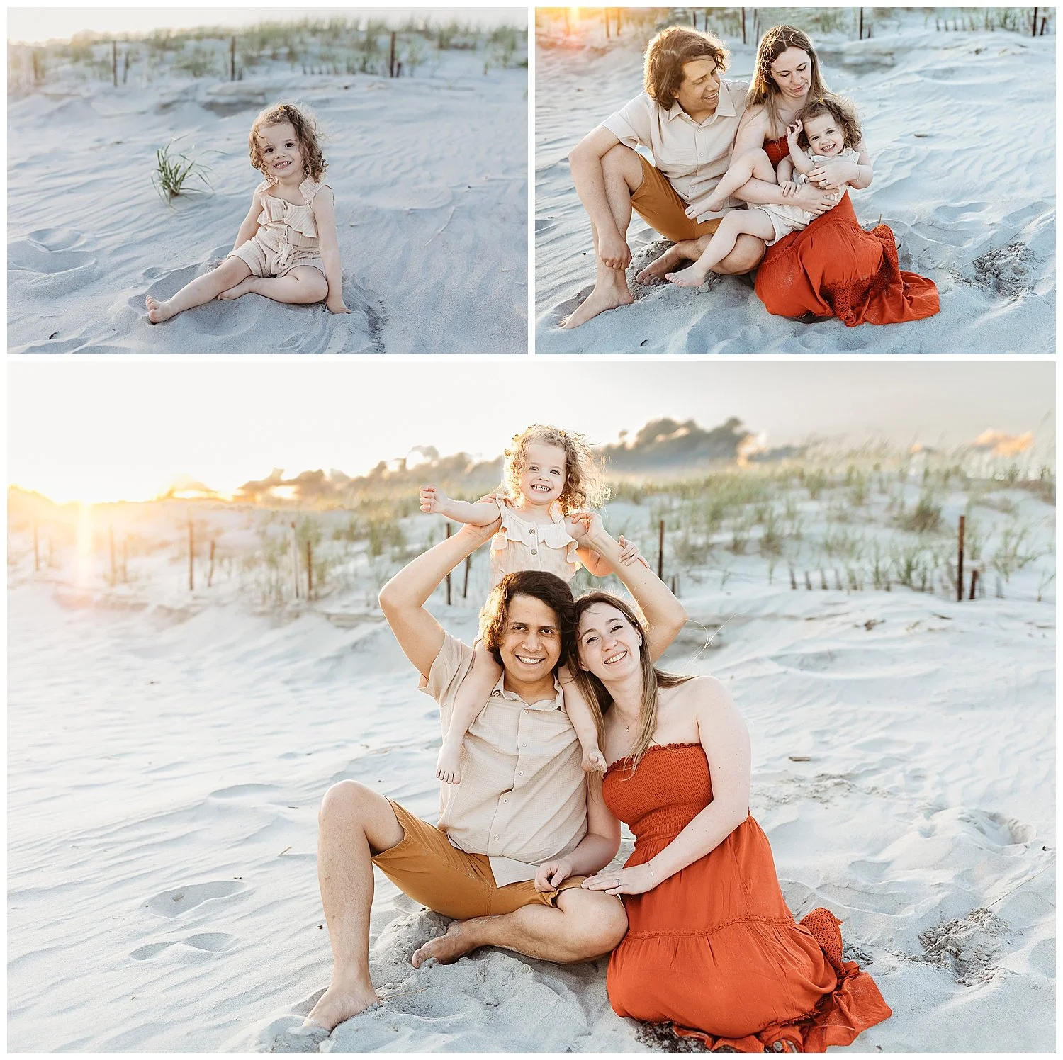family dressed in rust and tan seated on the beach at sunset girl on dad's shoulders dune behind them