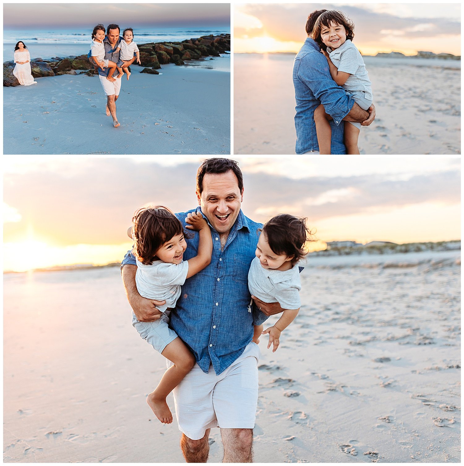 dad holding two boys under arms running on beach sunset boys laughing mom watching seated on jetty