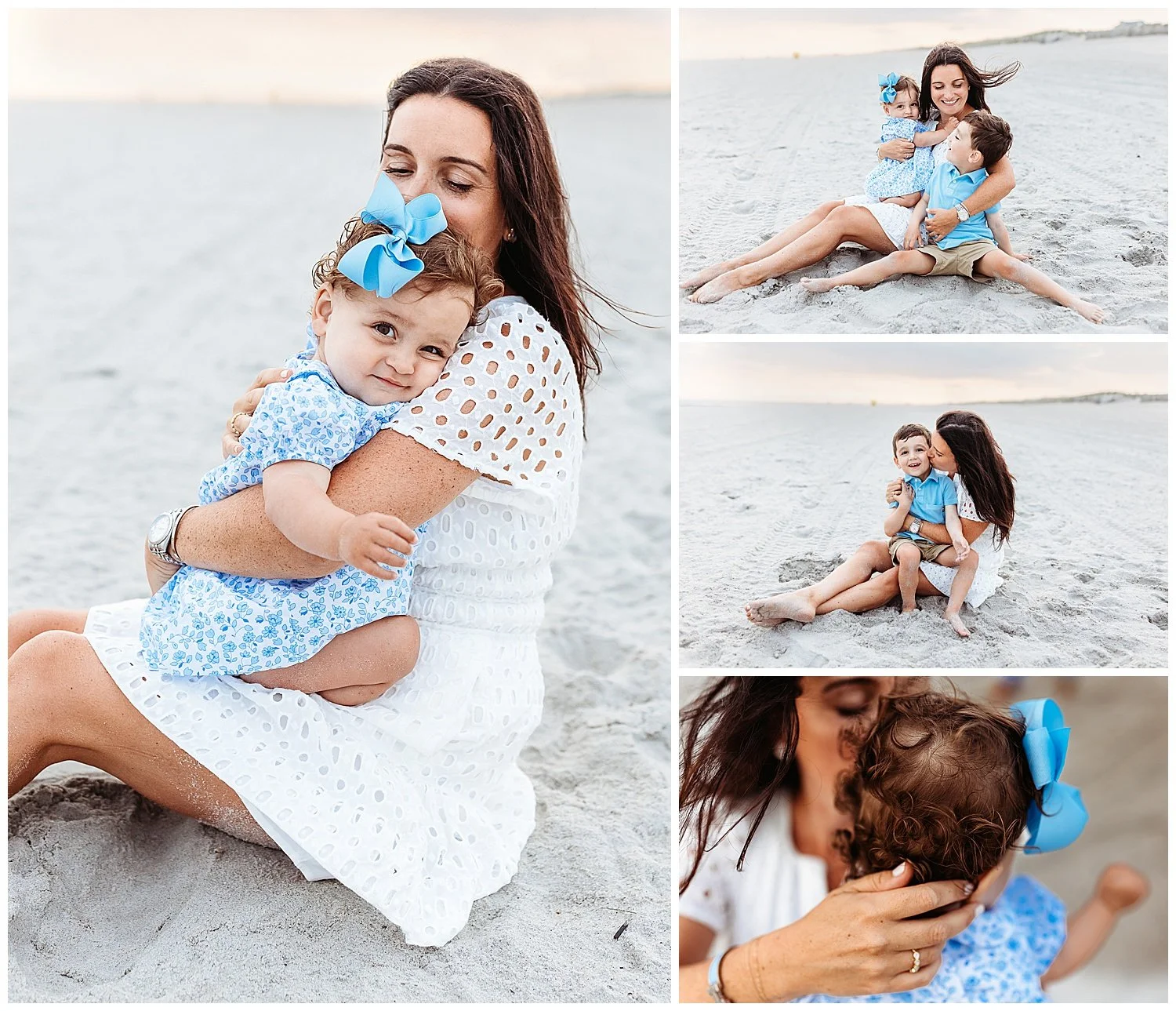 mother seated on sand with baby girl who she is embracing and toddle son she is kissing overcast sky
