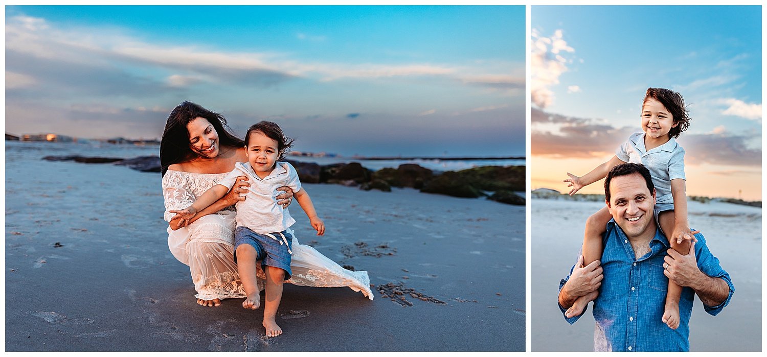 pregnant mom kneeling in sand holding son dad with boy on shoulders laughing beach sunset blue and pink sky boho lace dress
