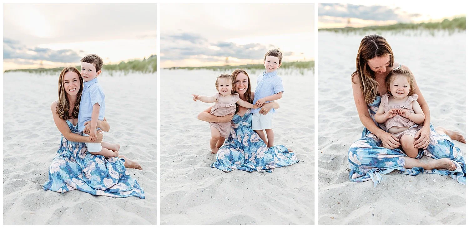 mother embracing toddler children dressed in slate blue and pink beach sunset dune
