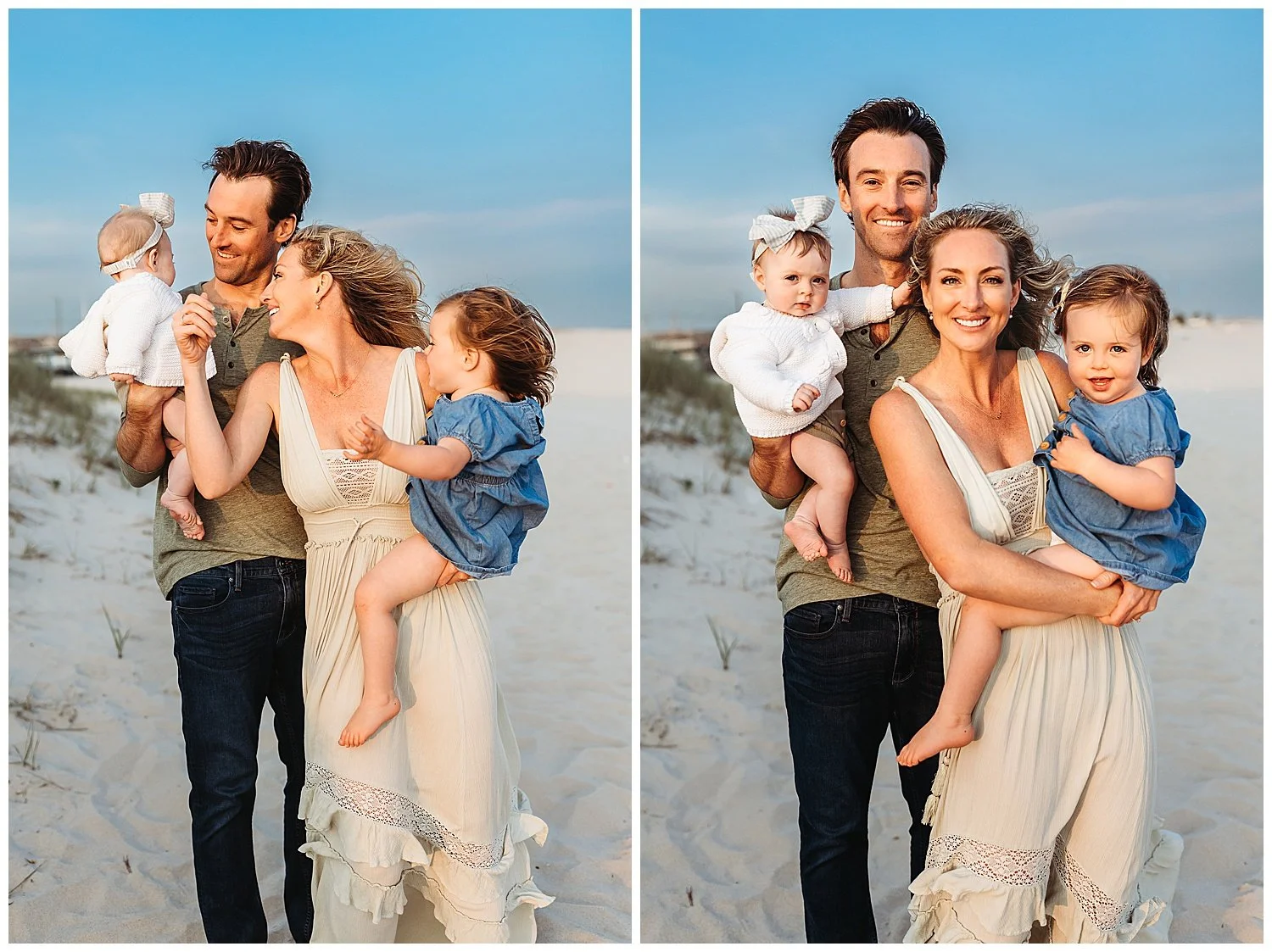 mother and father in direct golden hour sunlight holding their babies and they are laughing they are dressed in green and chambray and they are on the beach
