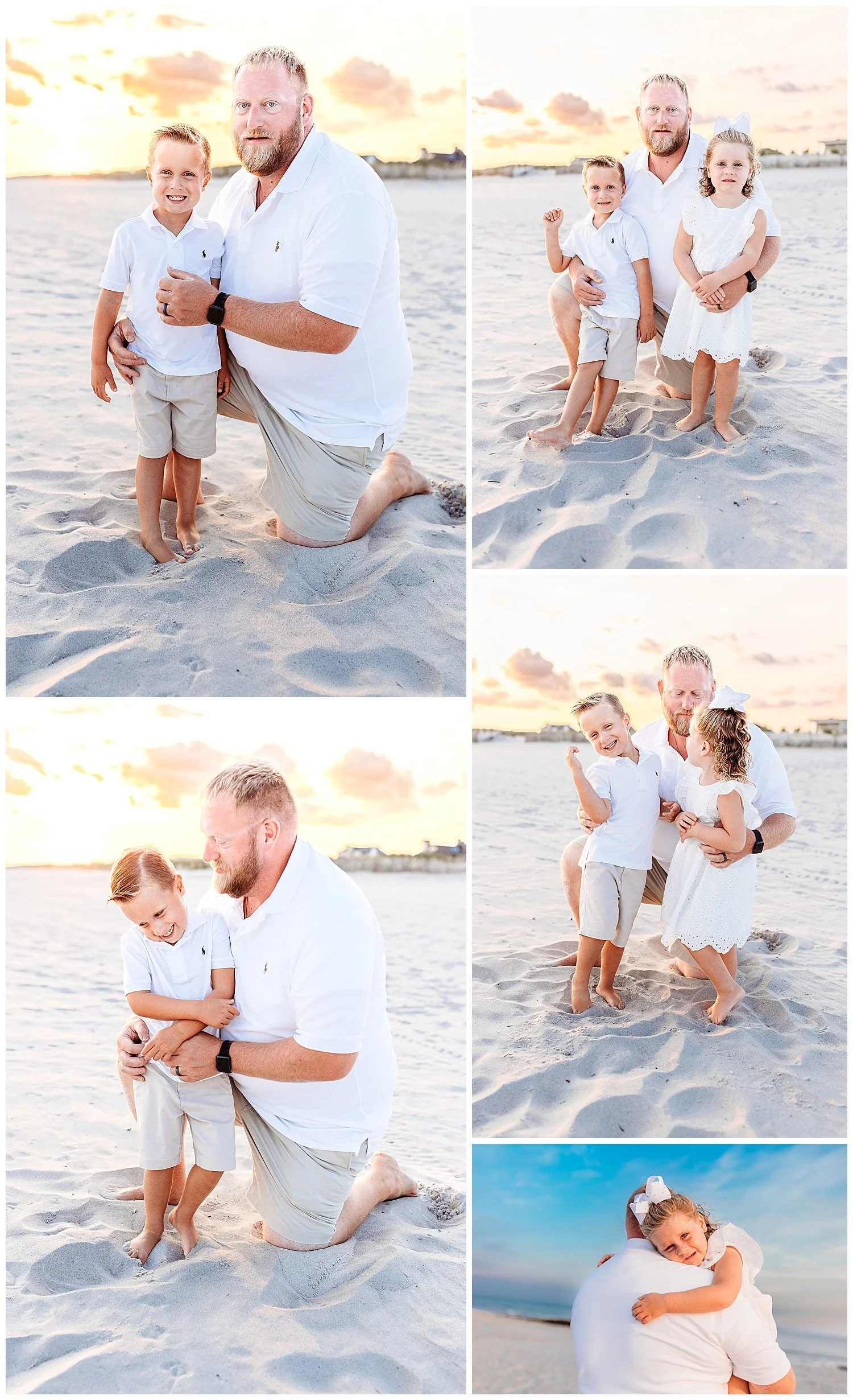 dad in white polo shirt and khaki shorts kneeling on the beach with his kids in white and laughing sand at the beach golden sunset behind them