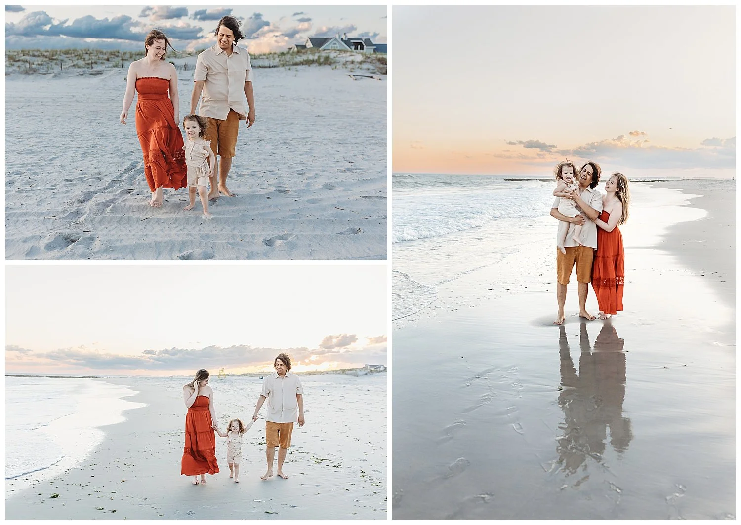 family walking along the ocean at sunset and laughing wearing rust and tan