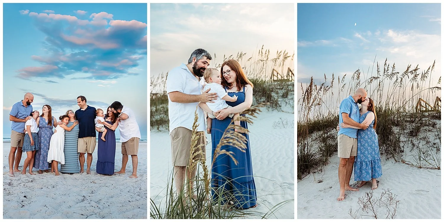 images of an individual couple kissing on a dune with the moon overhead and a group family shot with a dramatic sky overhead