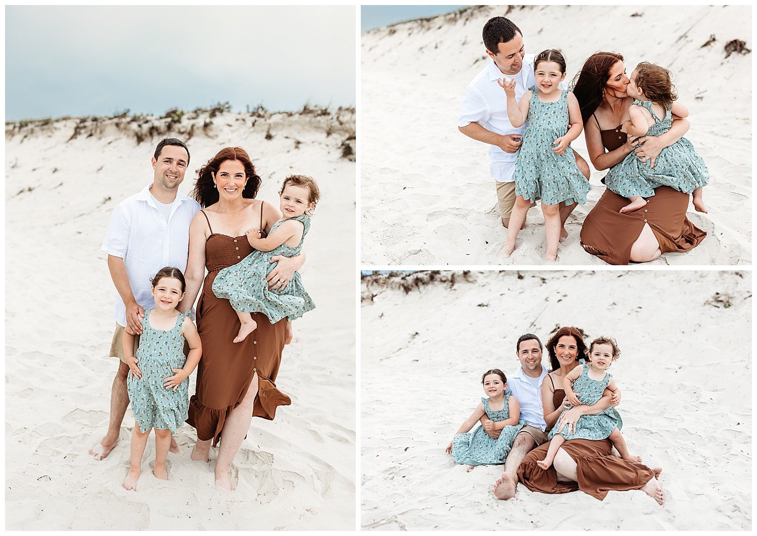 family dressed in brown ivory and sage in front of a large dune at sunset but on a cloudy day