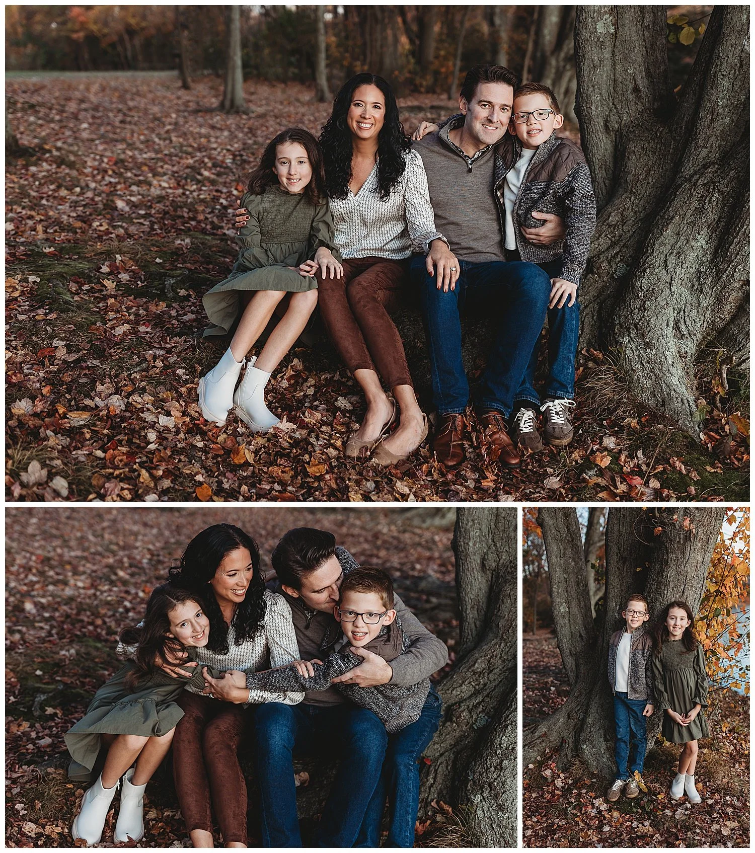 family seated closely knit together on tree stump and embraced in olive brown and grey
