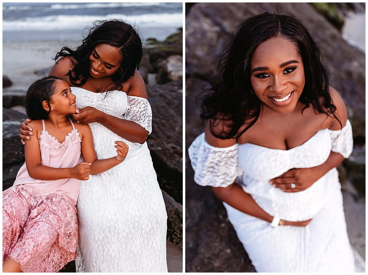 close up of pregnant woman in white lace maxi dress and woman looking at daughter on a jetty