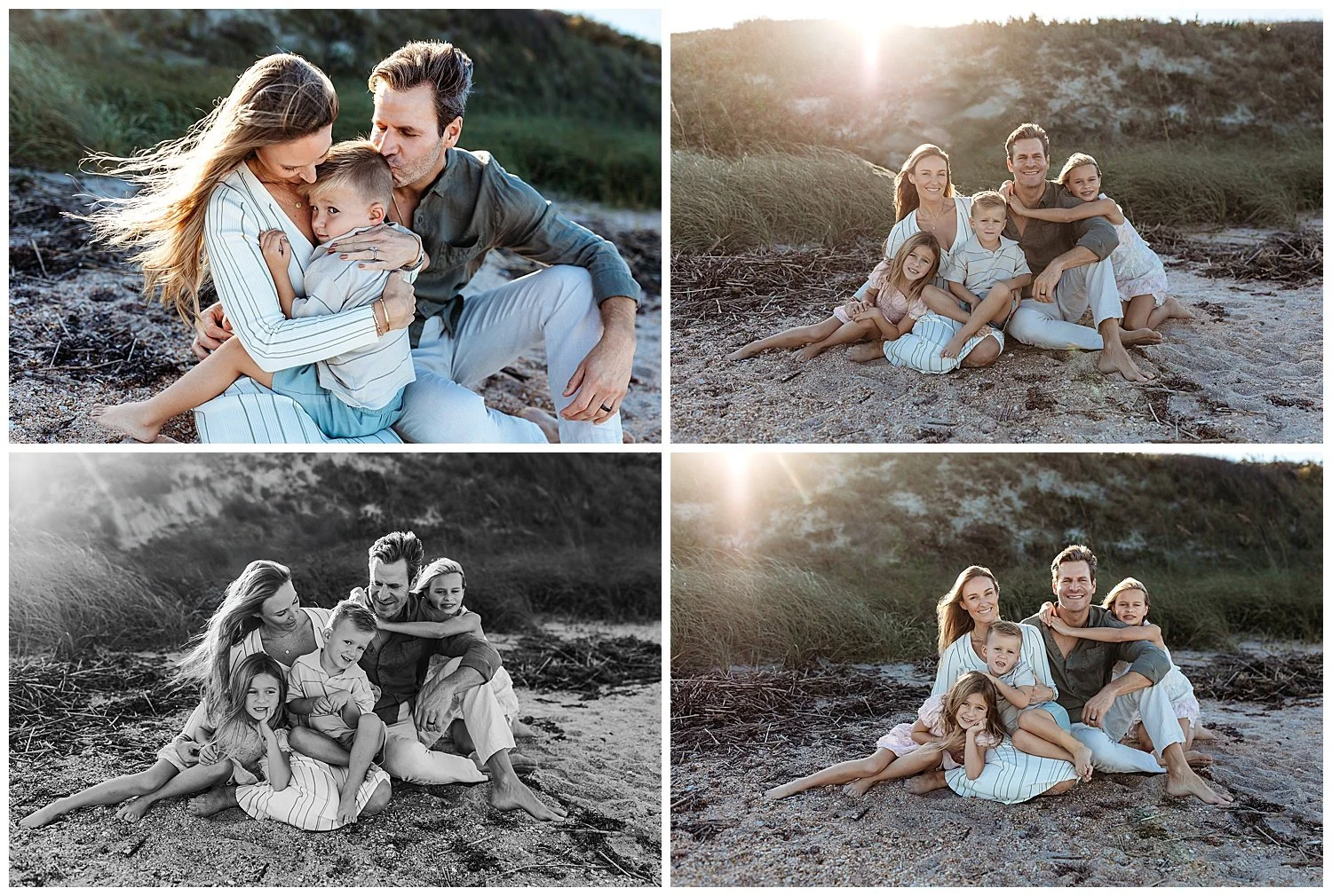 Family sitting on neutral blanket surrounded by sea grass during relaxed beach family photo session in Ponte Vedra
