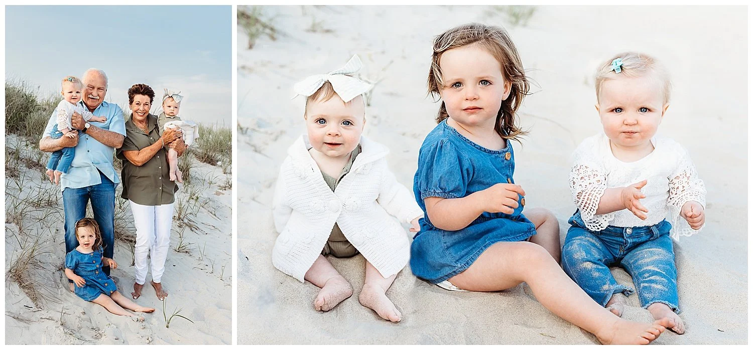 grandparents holding their grand babies on the beach and portrait of grandchildren on the beach
